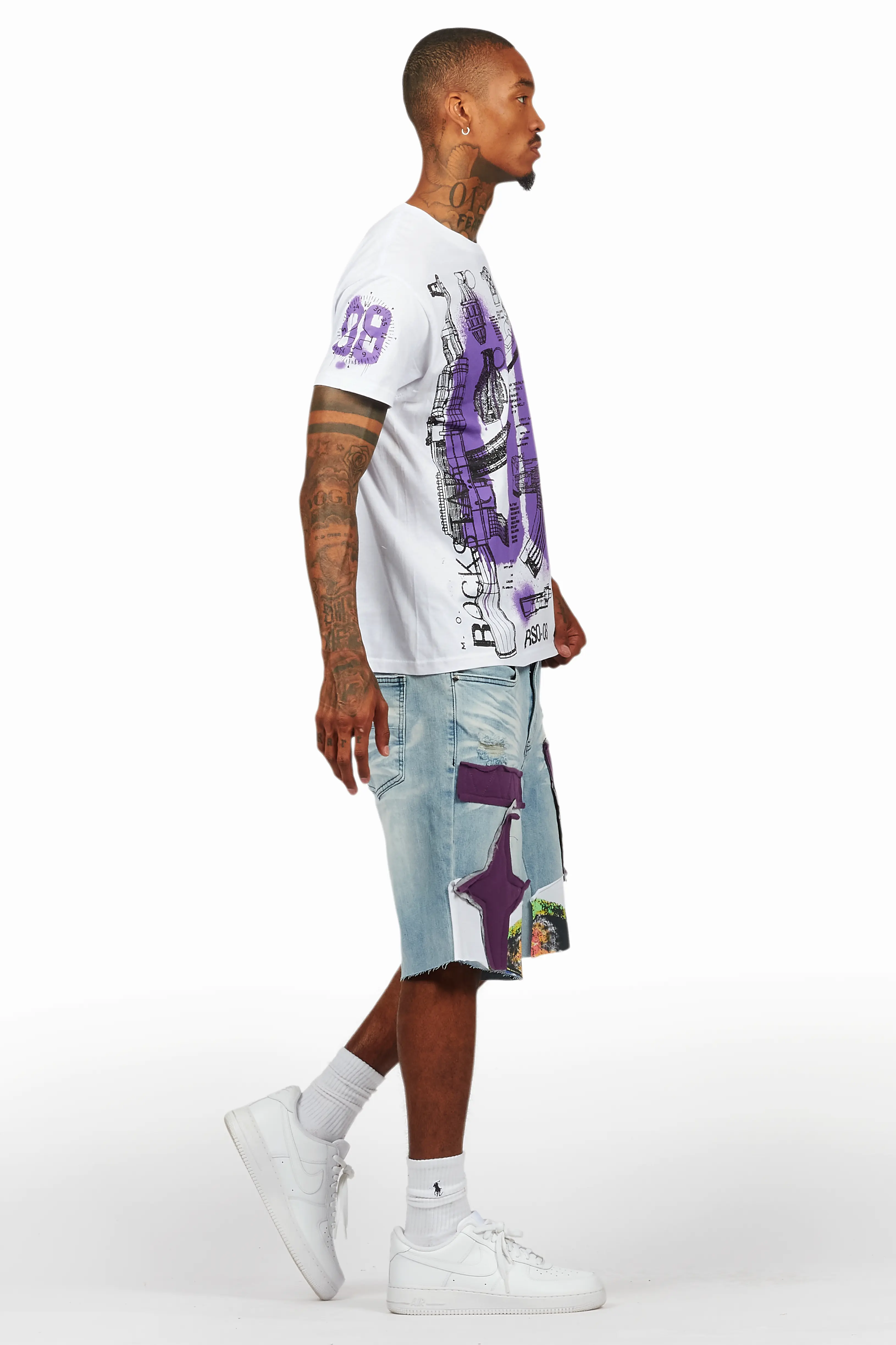 Nesta White/Purple T-Shirt/Denim Short Set - Image 4