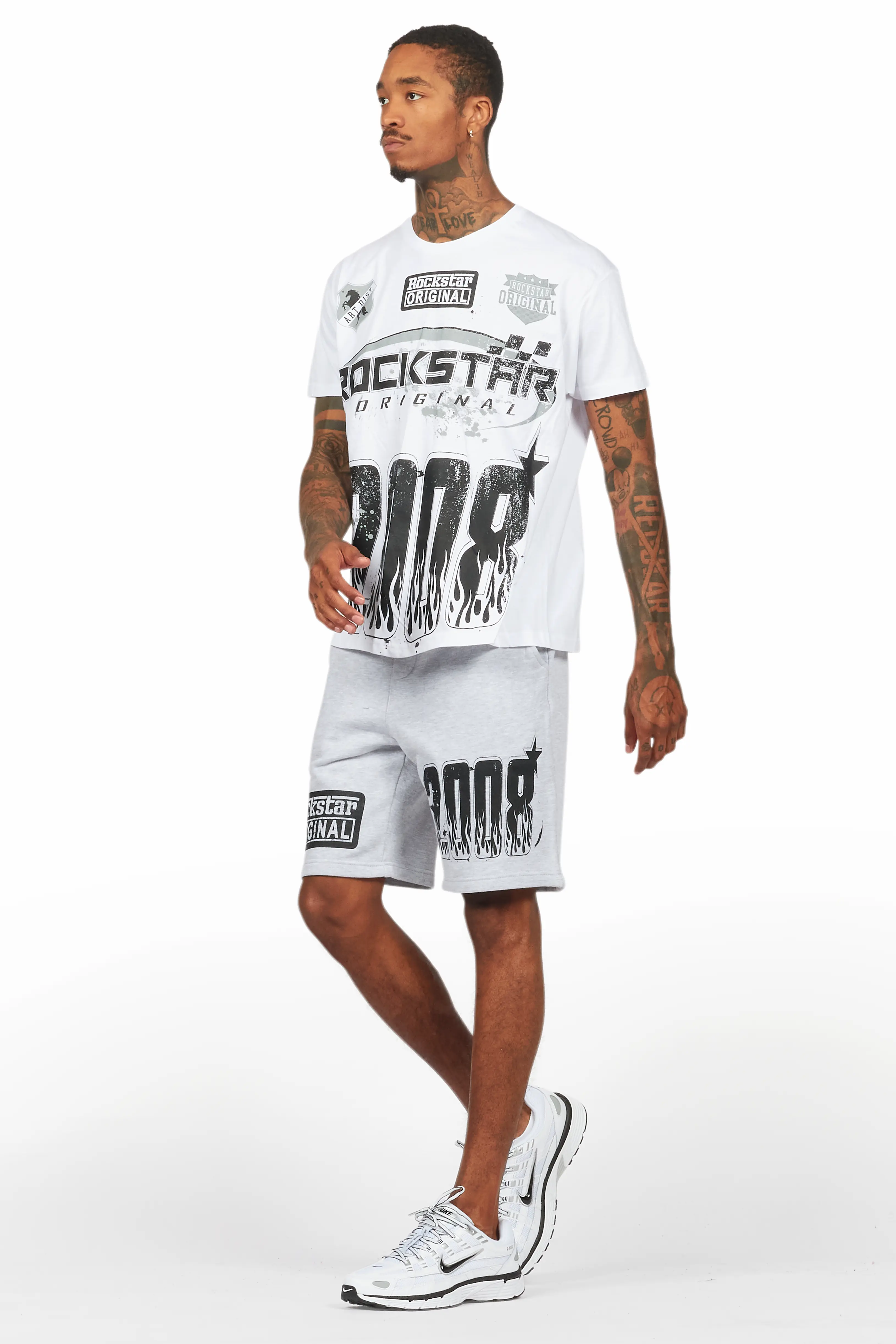 Amos White/Grey Graphic T-Shirt Short Set - Image 5