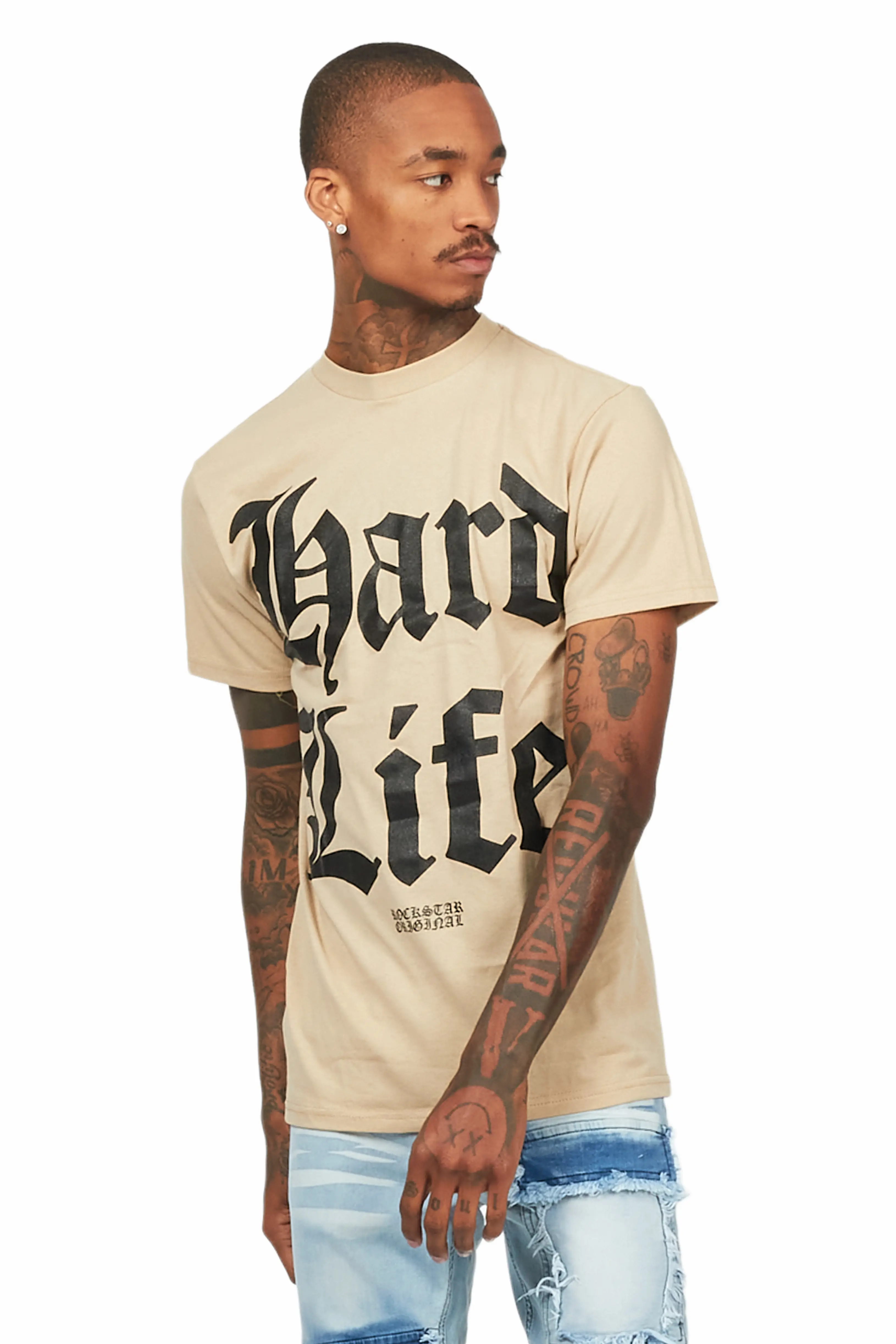 Hard Life Beige Graphic T-Shirt - Image 4