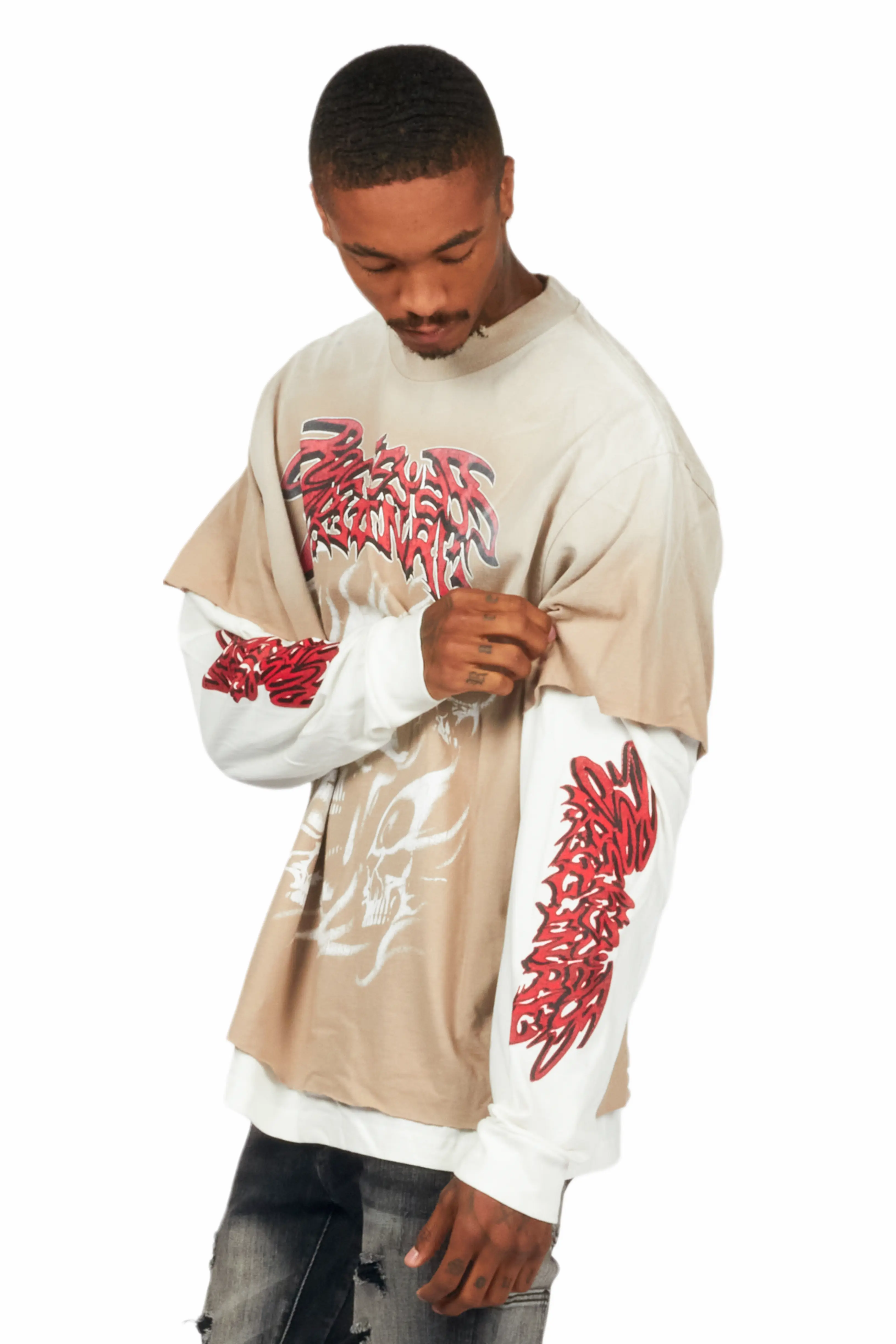 Schtupp Beige/White Double Layer Long Sleeve Graphic T-Shirt - Image 7