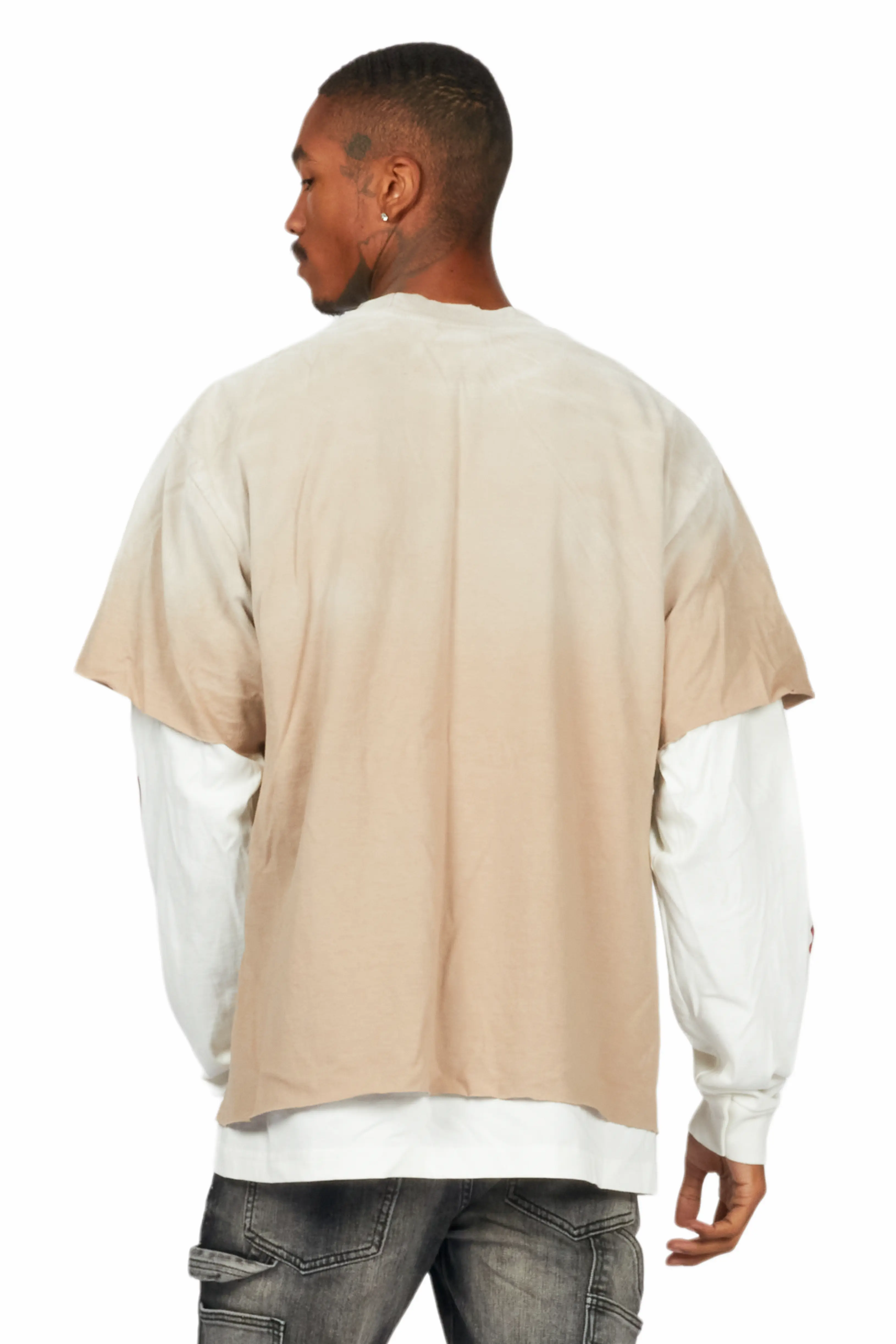 Schtupp Beige/White Double Layer Long Sleeve Graphic T-Shirt - Image 8