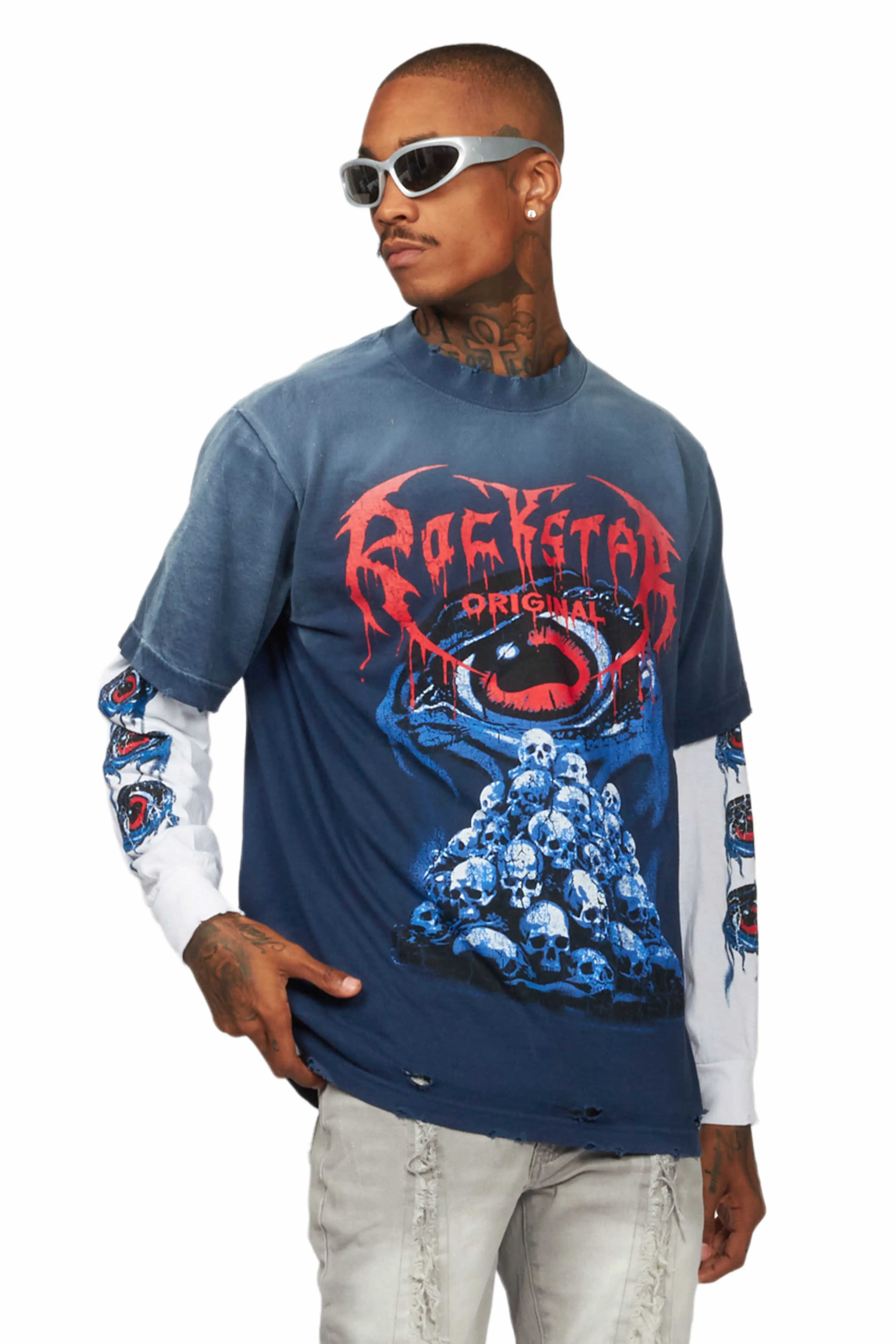 Vicious Navy Double Layer Long Sleeve Graphic T-Shirt - Image 2