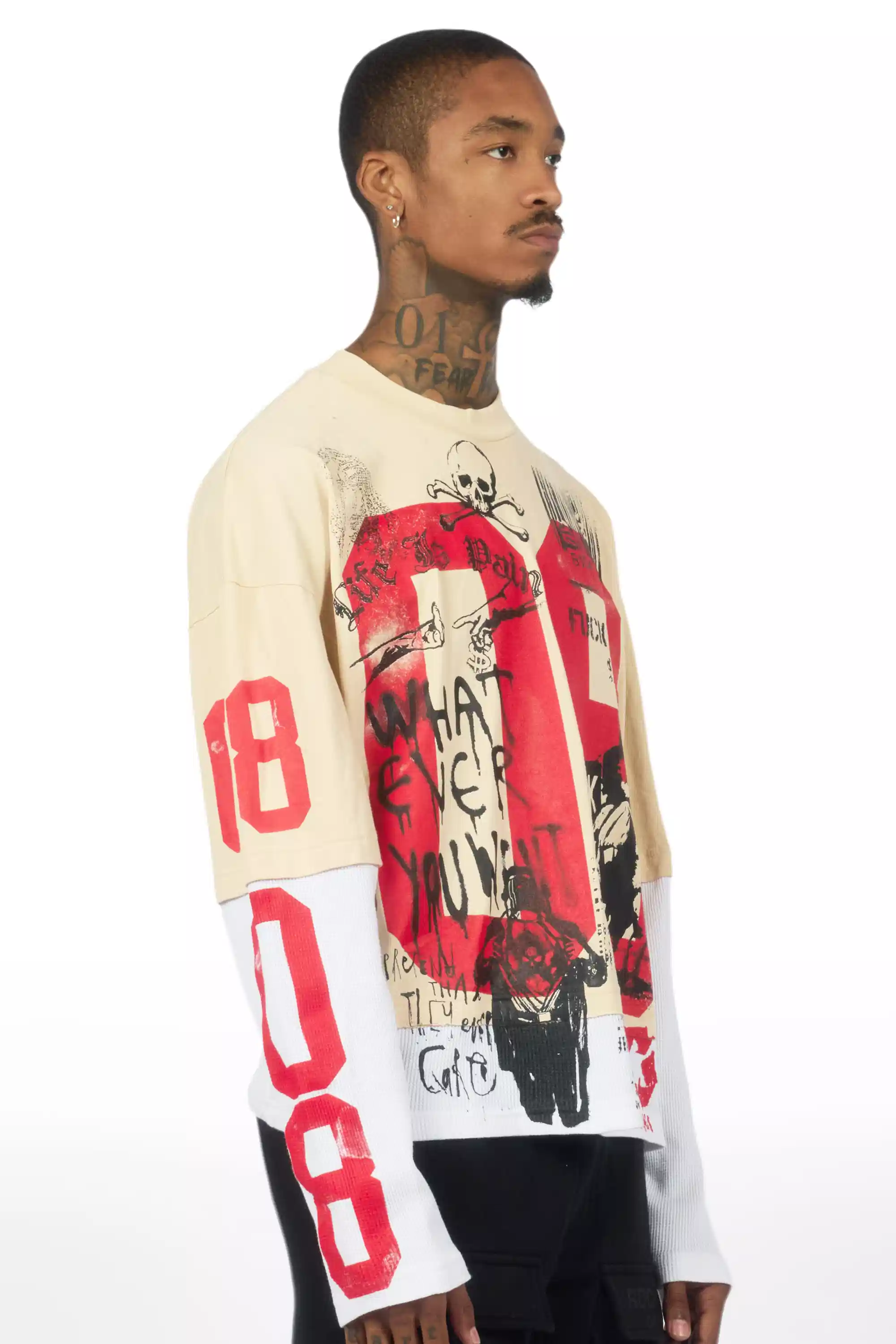 Grill Beige/Red Boxy Crop Double Layer Tee - Image 3