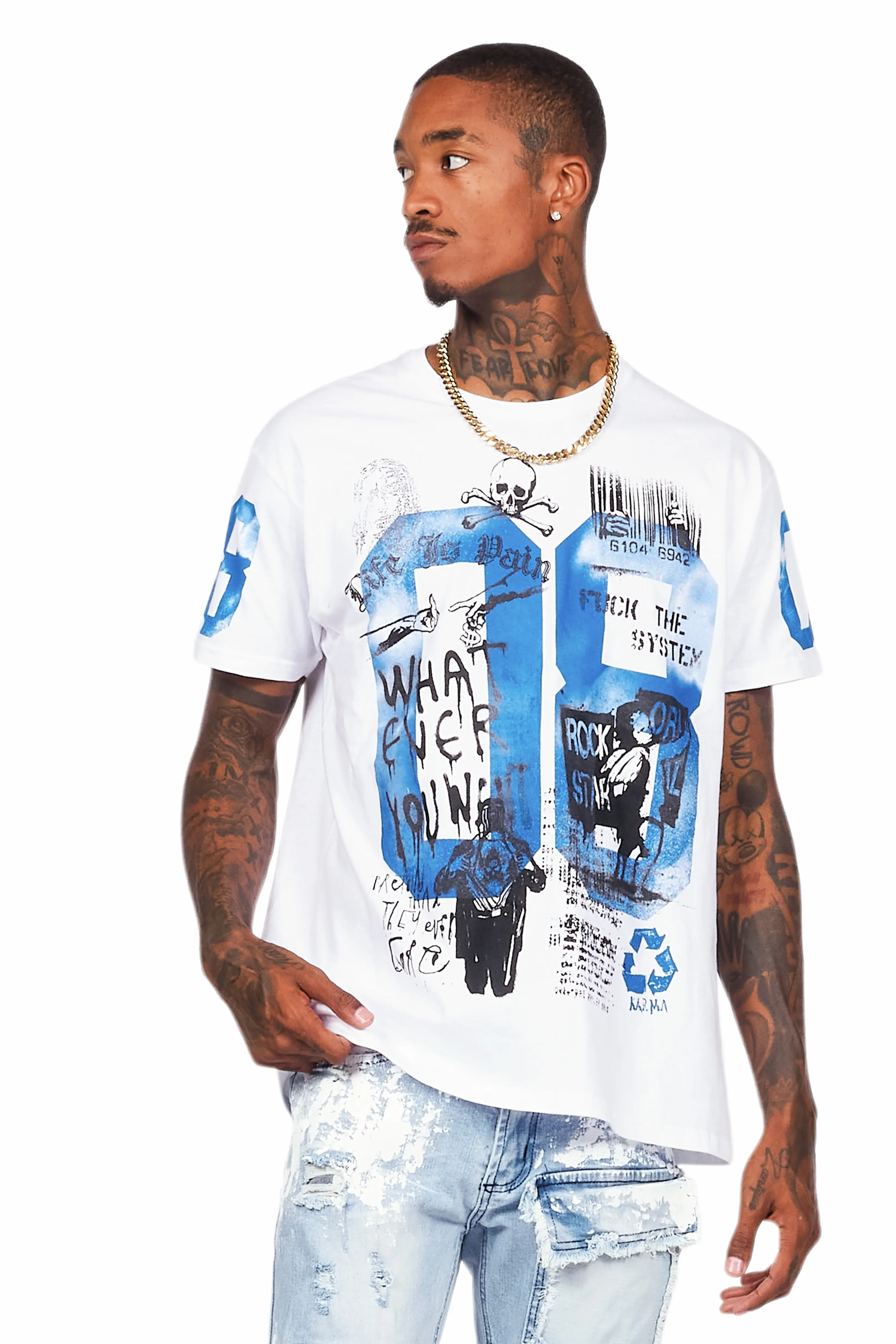 Grill White/Blue Graphic Oversized T-Shirt - Image 2