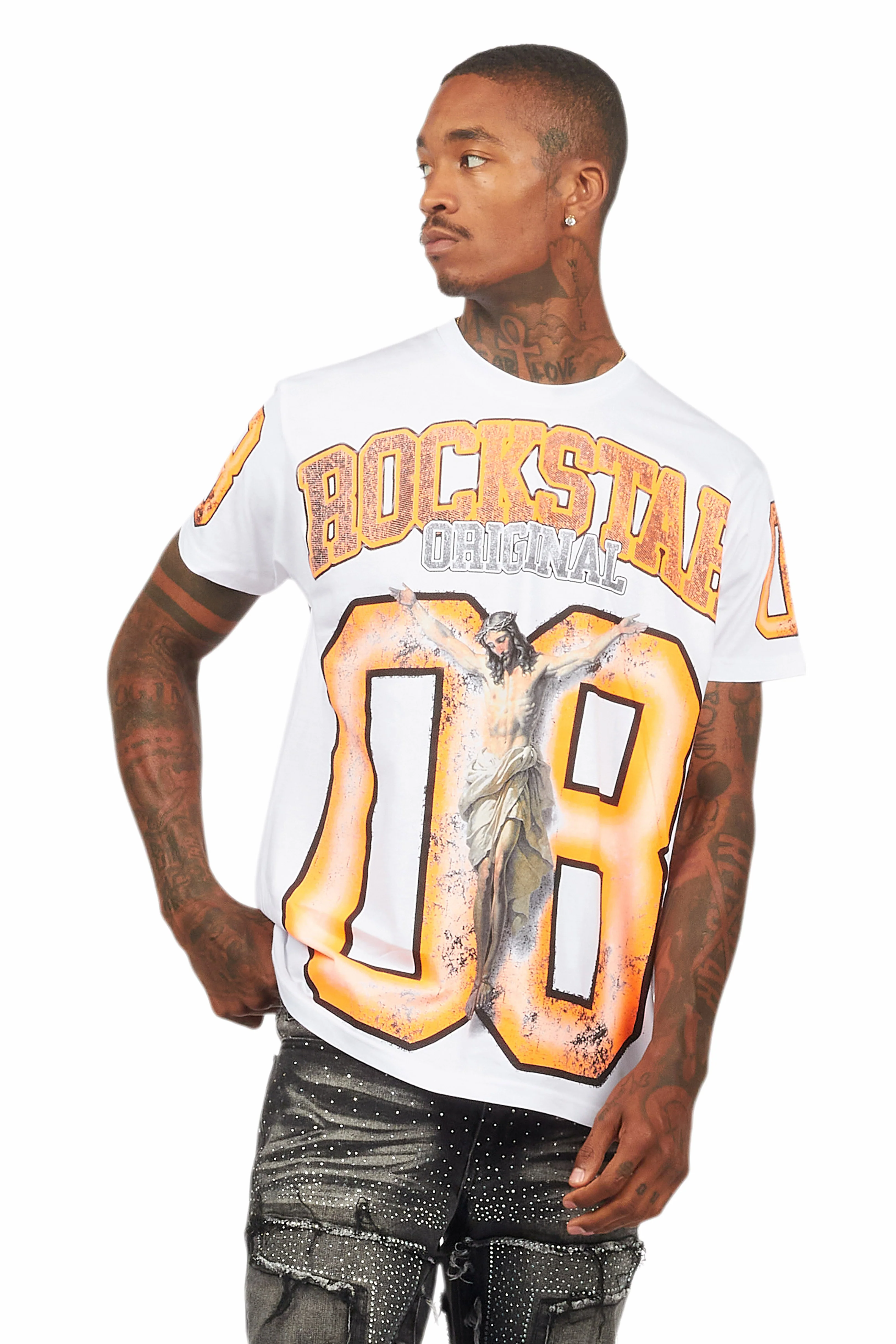Fields White/Orange Oversized Graphic T-Shirt - Image 2