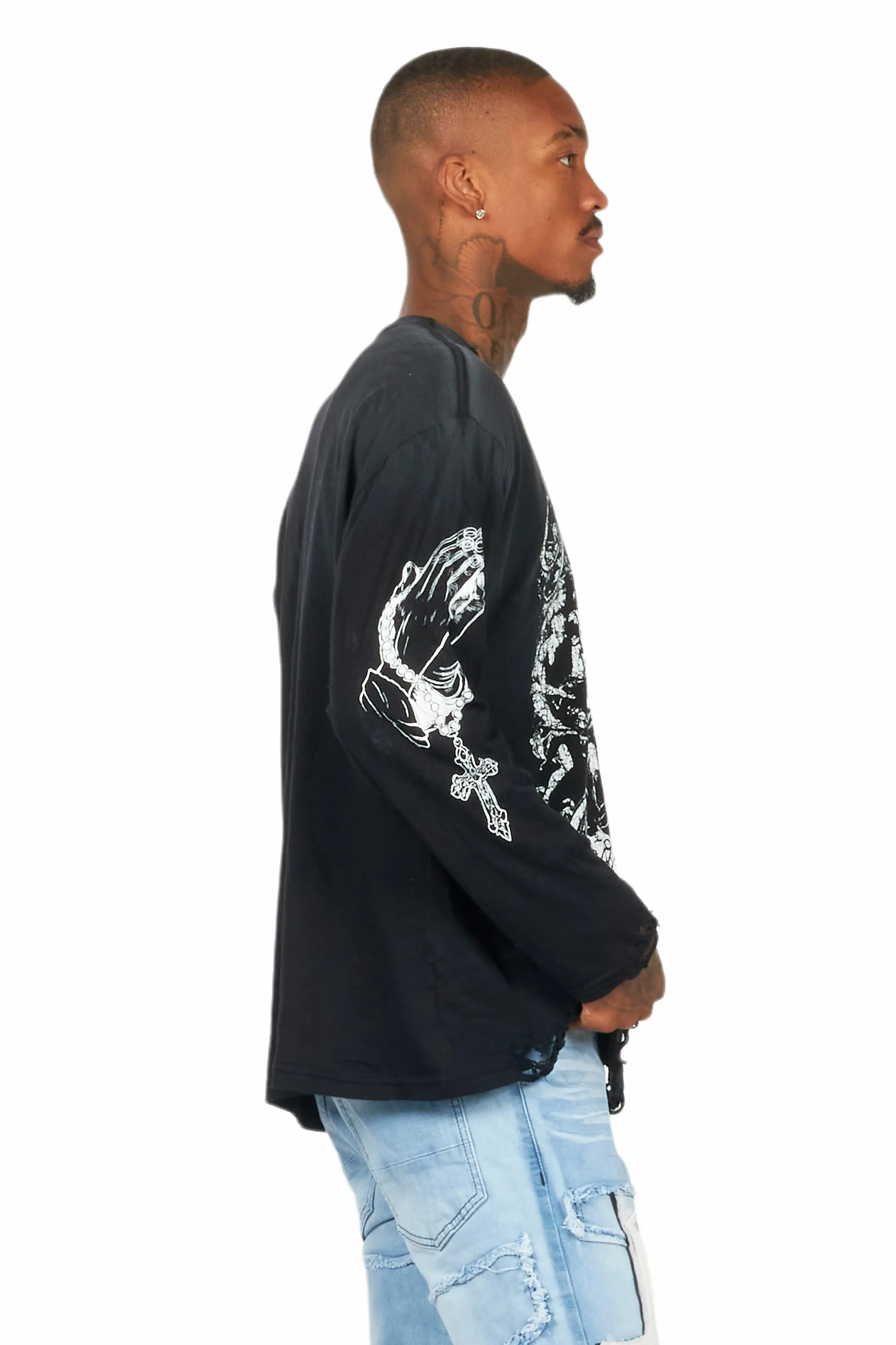 Vamp Black Long Sleeve Distressed Graphic T-Shirt - Image 3
