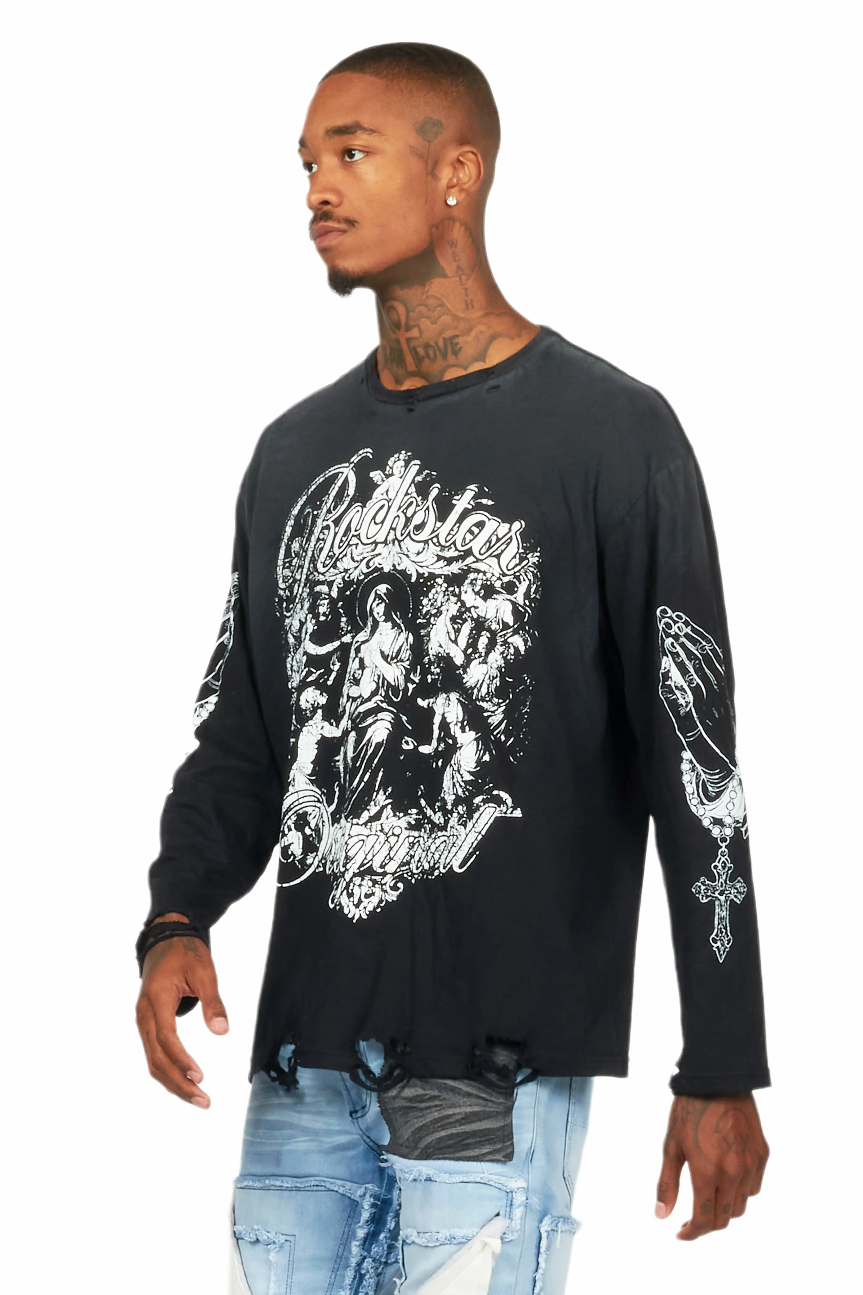 Vamp Black Long Sleeve Distressed Graphic T-Shirt - Image 5