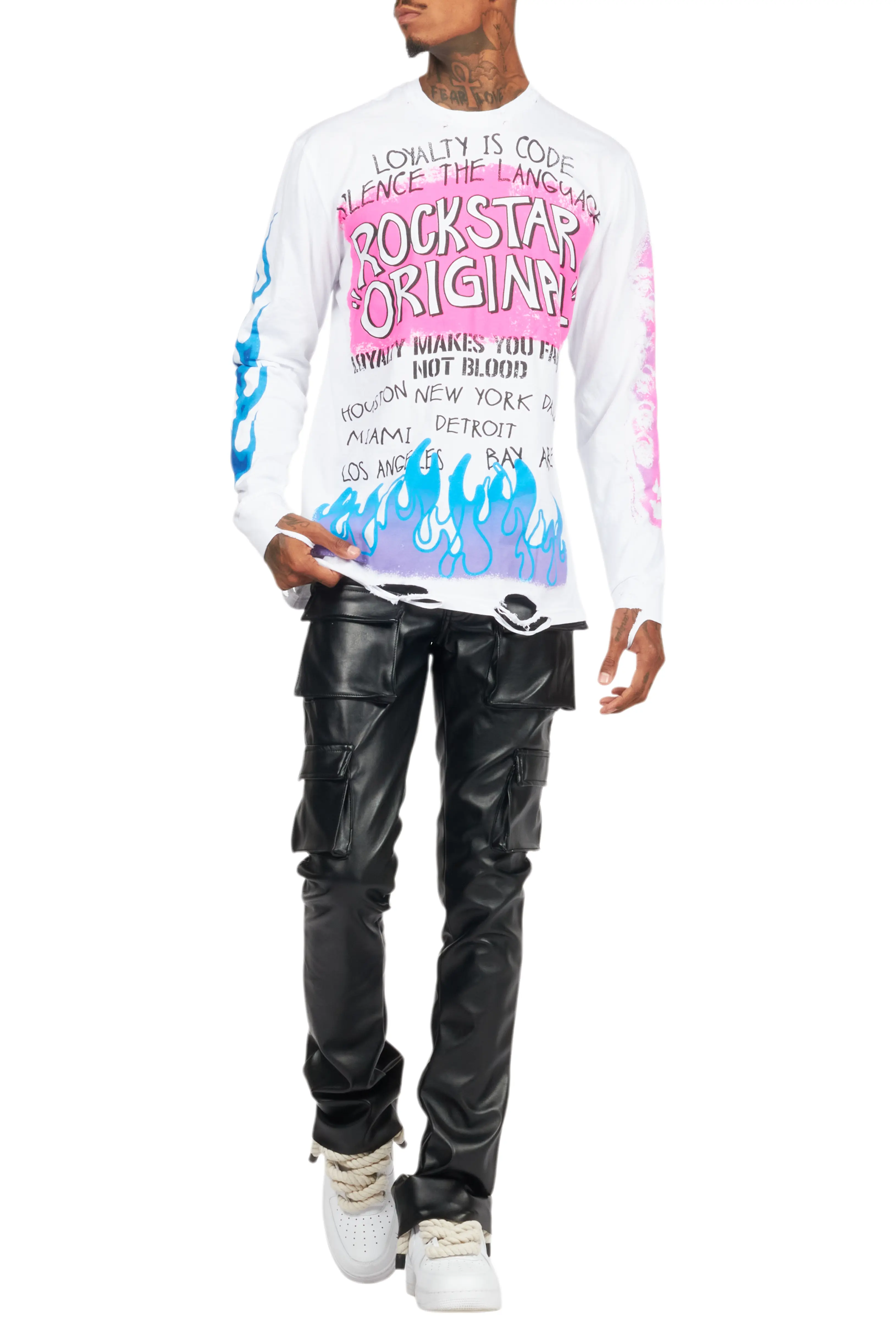Beno White Long Sleeve Distressed Graphic T-Shirt - Image 8