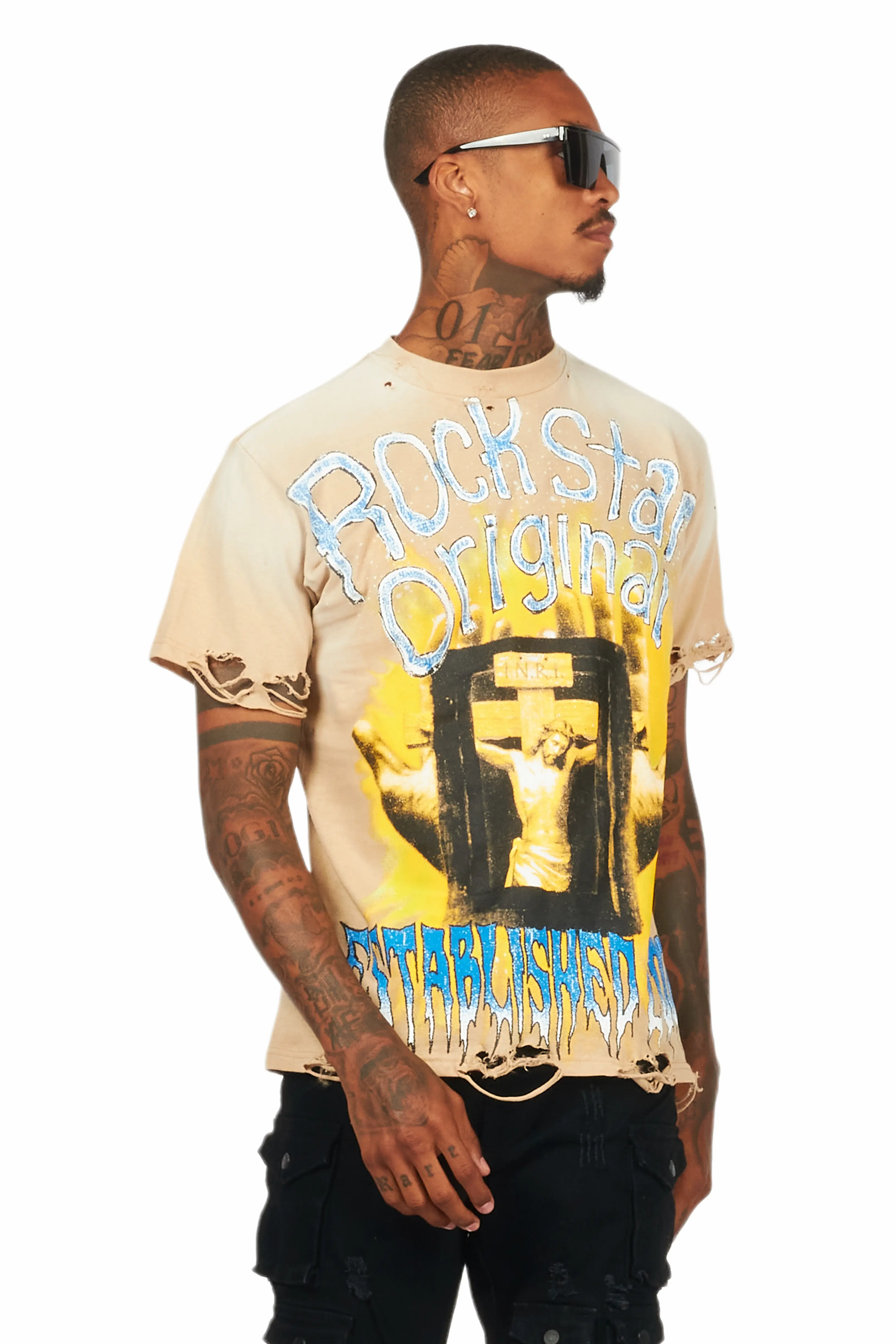 Saloso Beige Oversized Graphic T-Shirt - Image 2