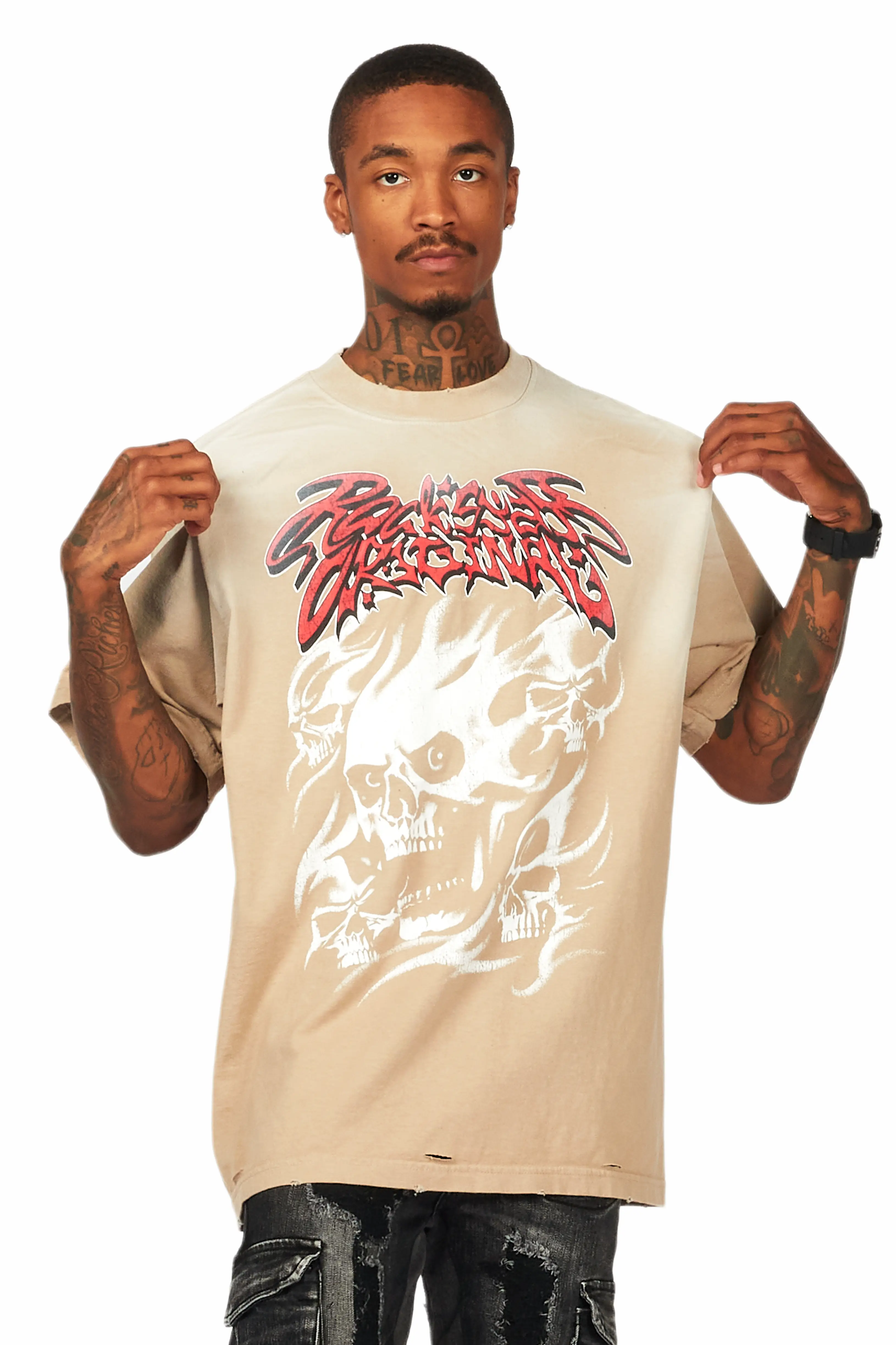 Tabby Beige Oversized Graphic T-Shirt - Image 4
