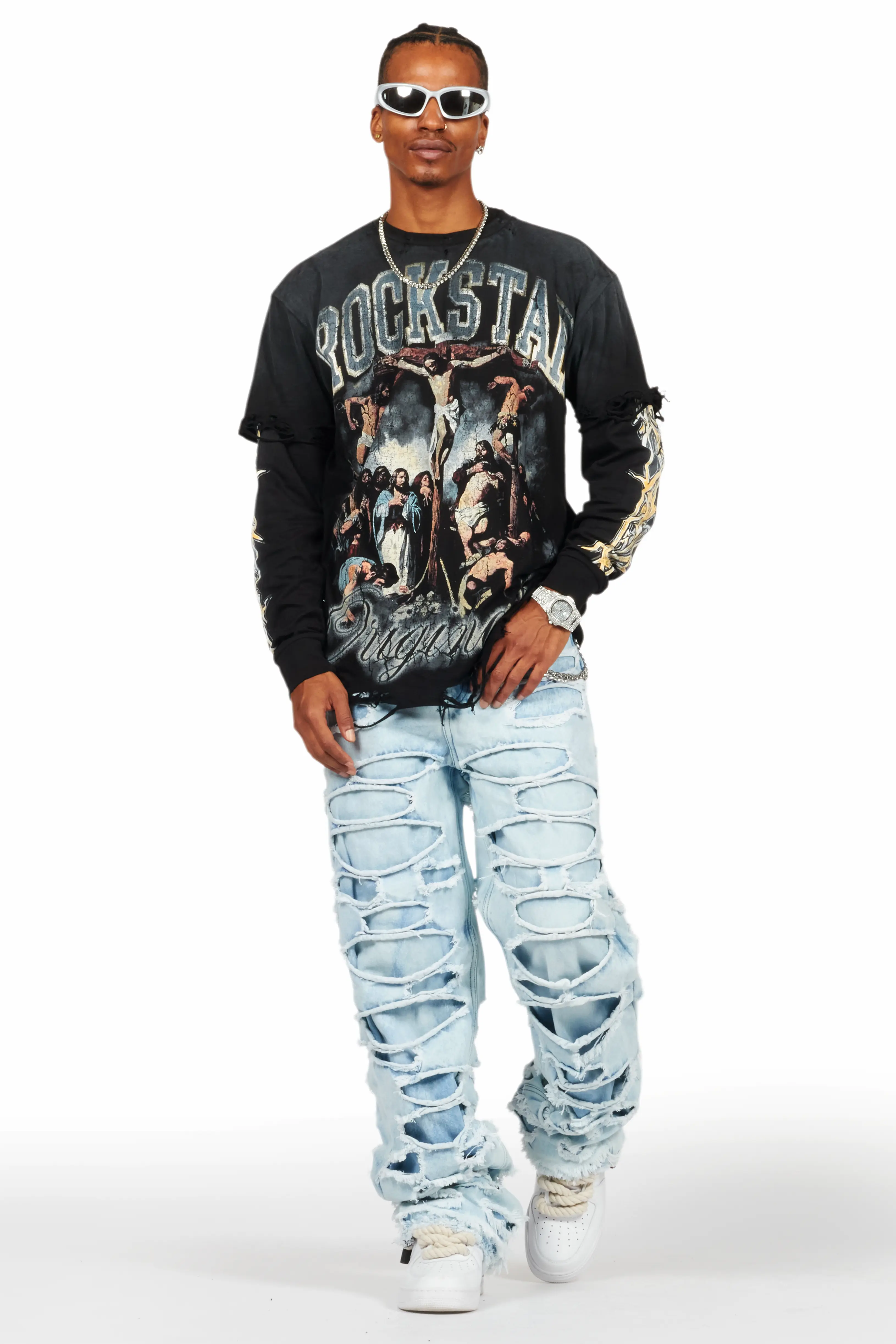 Waller Black Double Layer Long Sleeve Graphic T-Shirt - Image 2