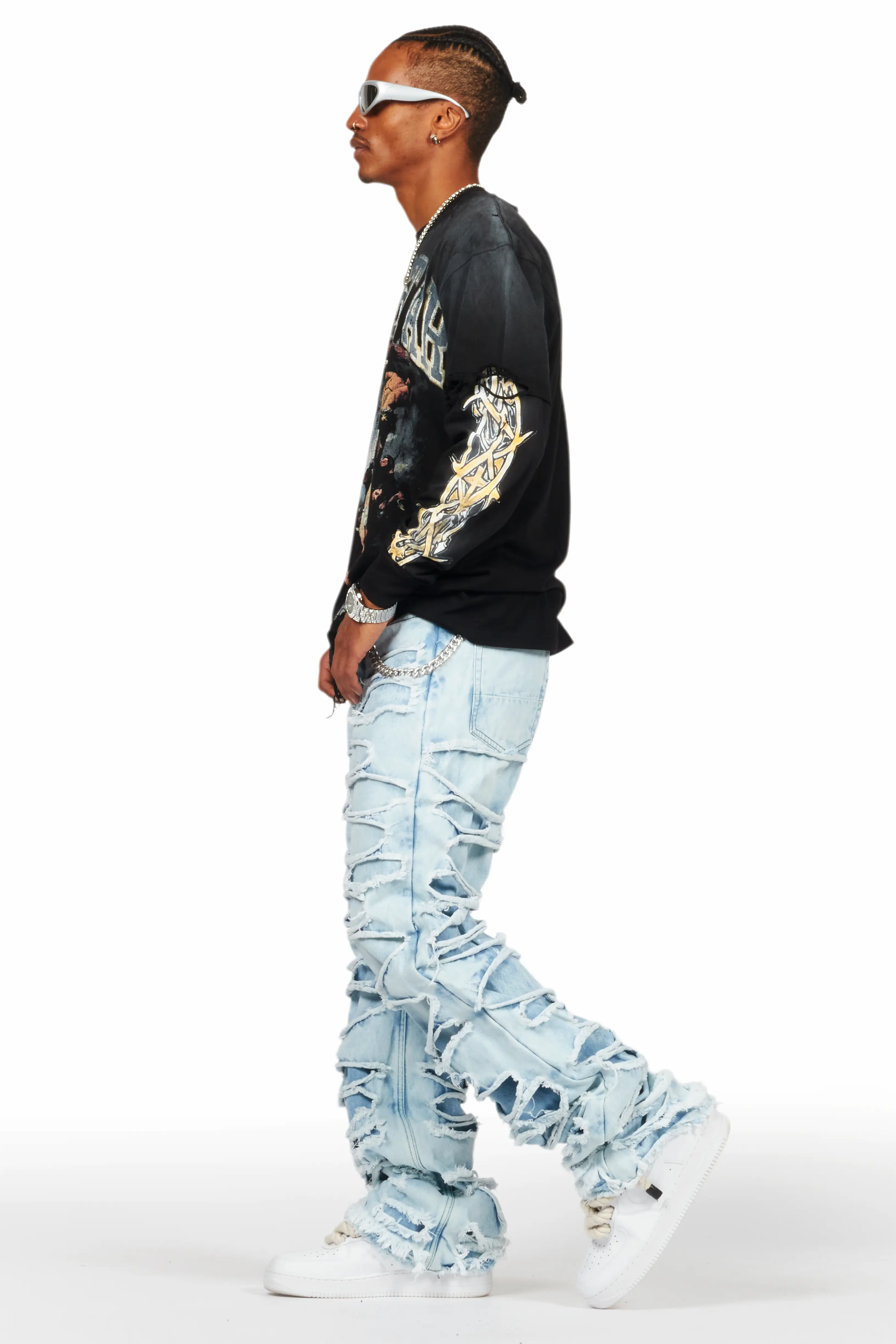 Waller Black Double Layer Long Sleeve Graphic T-Shirt - Image 3
