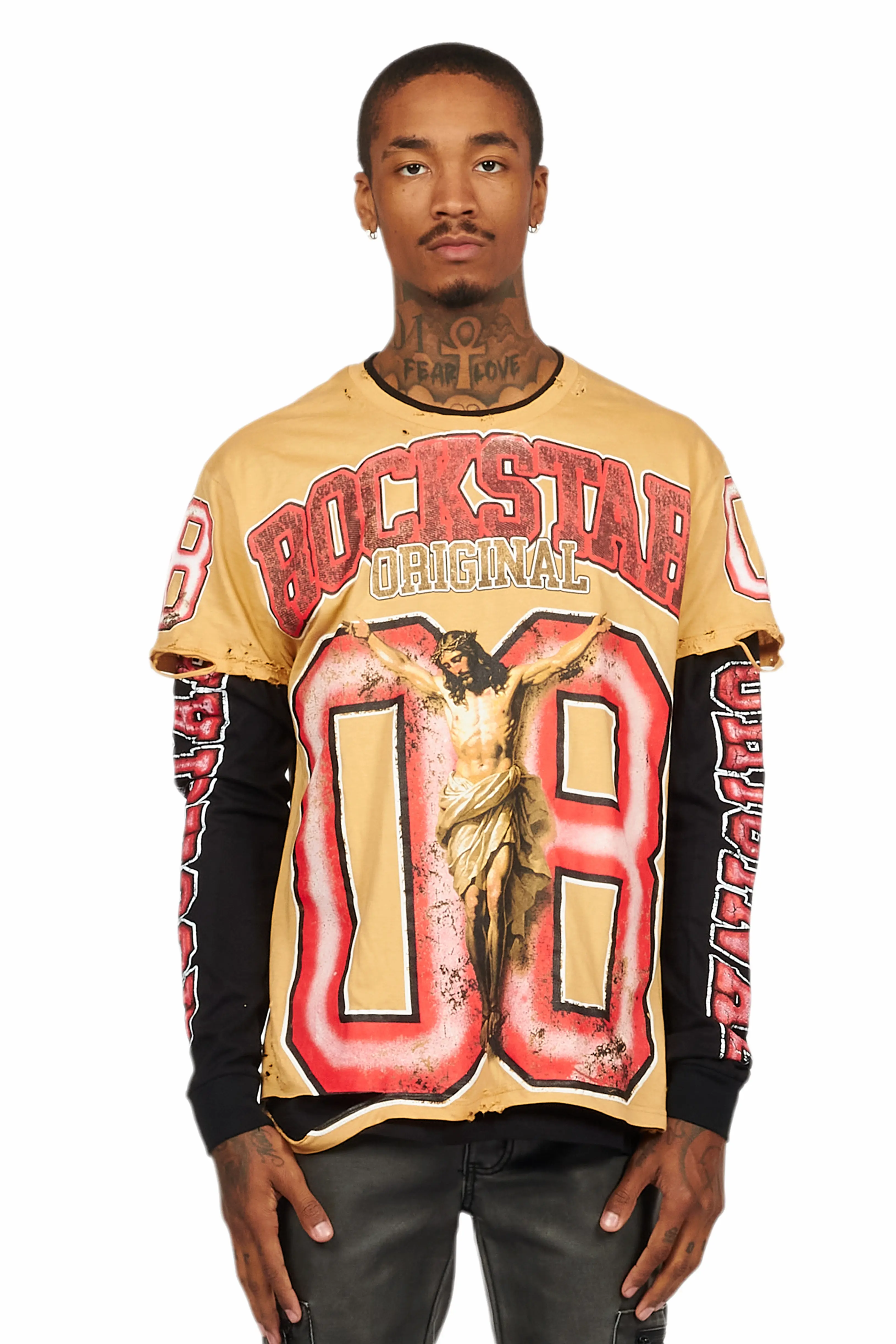 Fields Beige/Red Double Layer Long Sleeve Graphic T-Shirt - Image 2