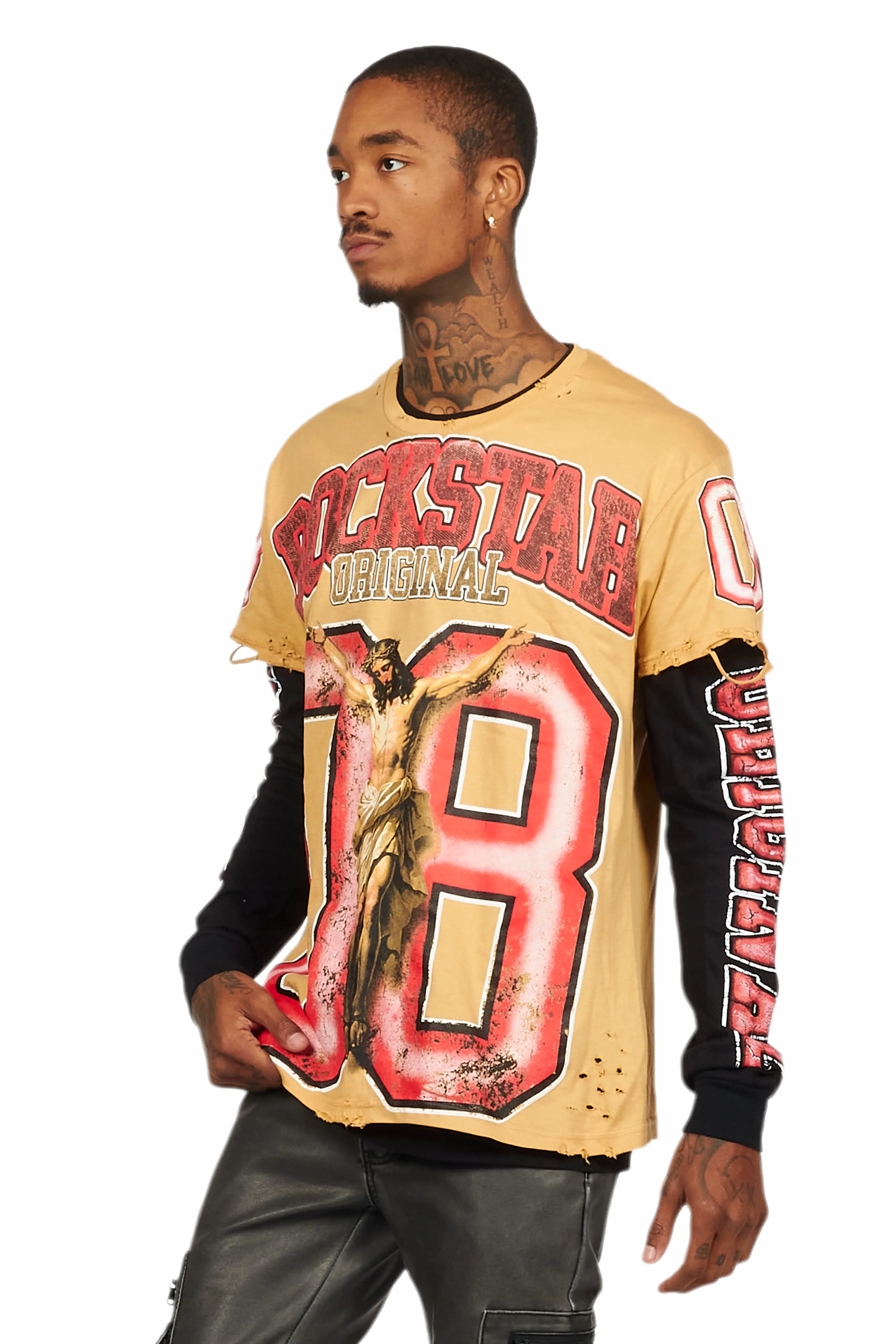 Fields Beige/Red Double Layer Long Sleeve Graphic T-Shirt - Image 5
