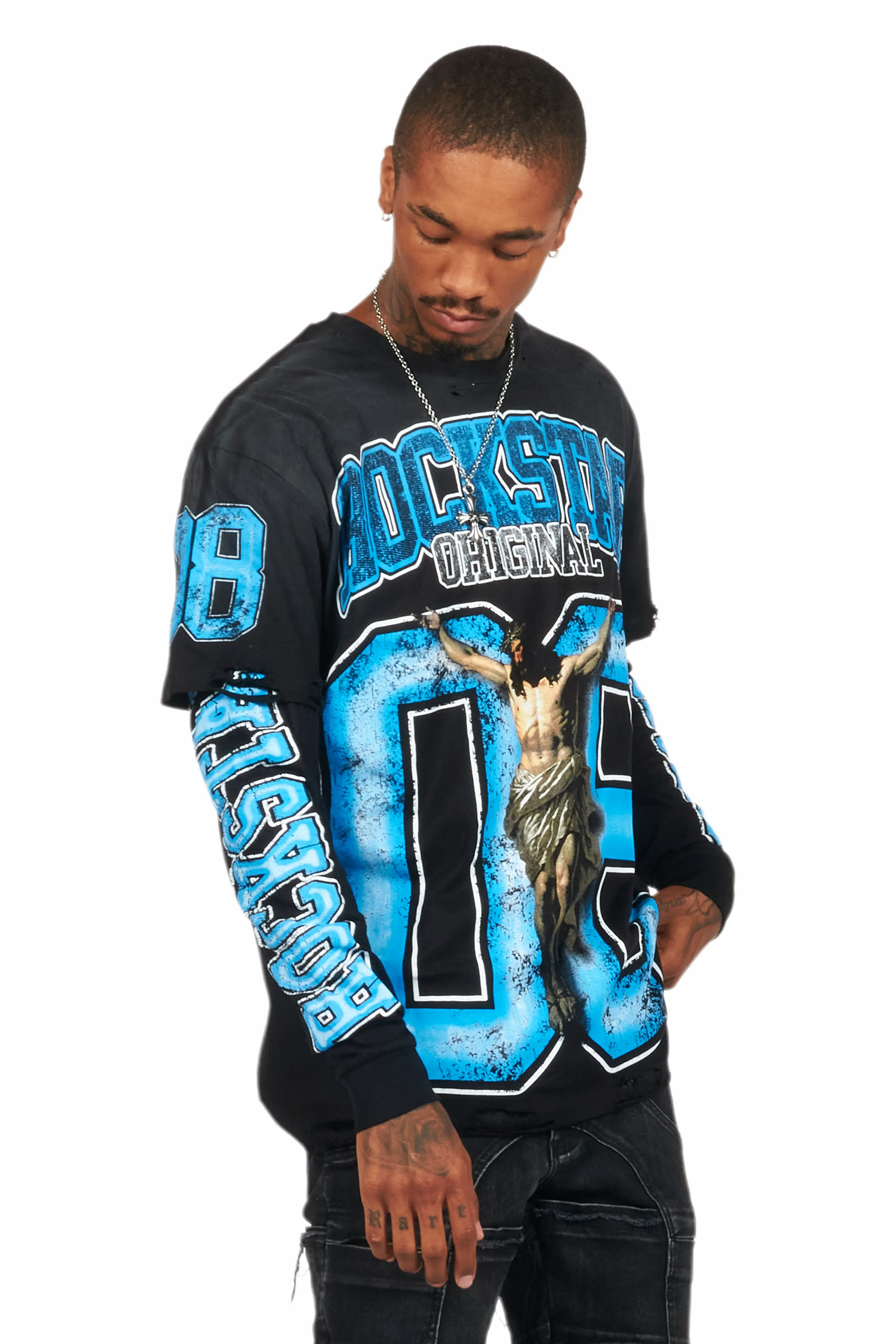 Fields Black/Blue Double Layer Long Sleeve Graphic T-Shirt - Image 11