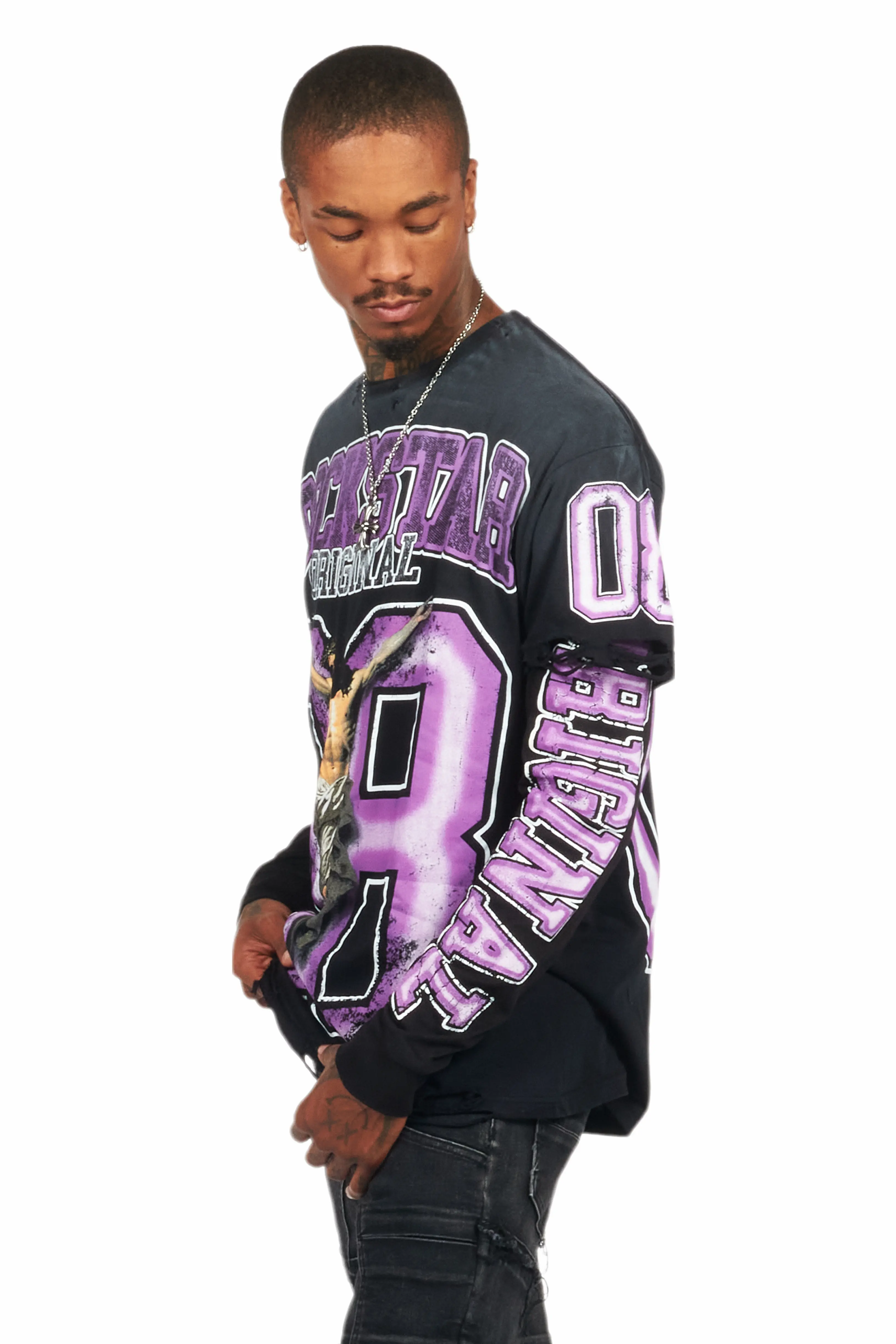 Fields Black/Purple Double Layer Long Sleeve Graphic T-Shirt - Image 12