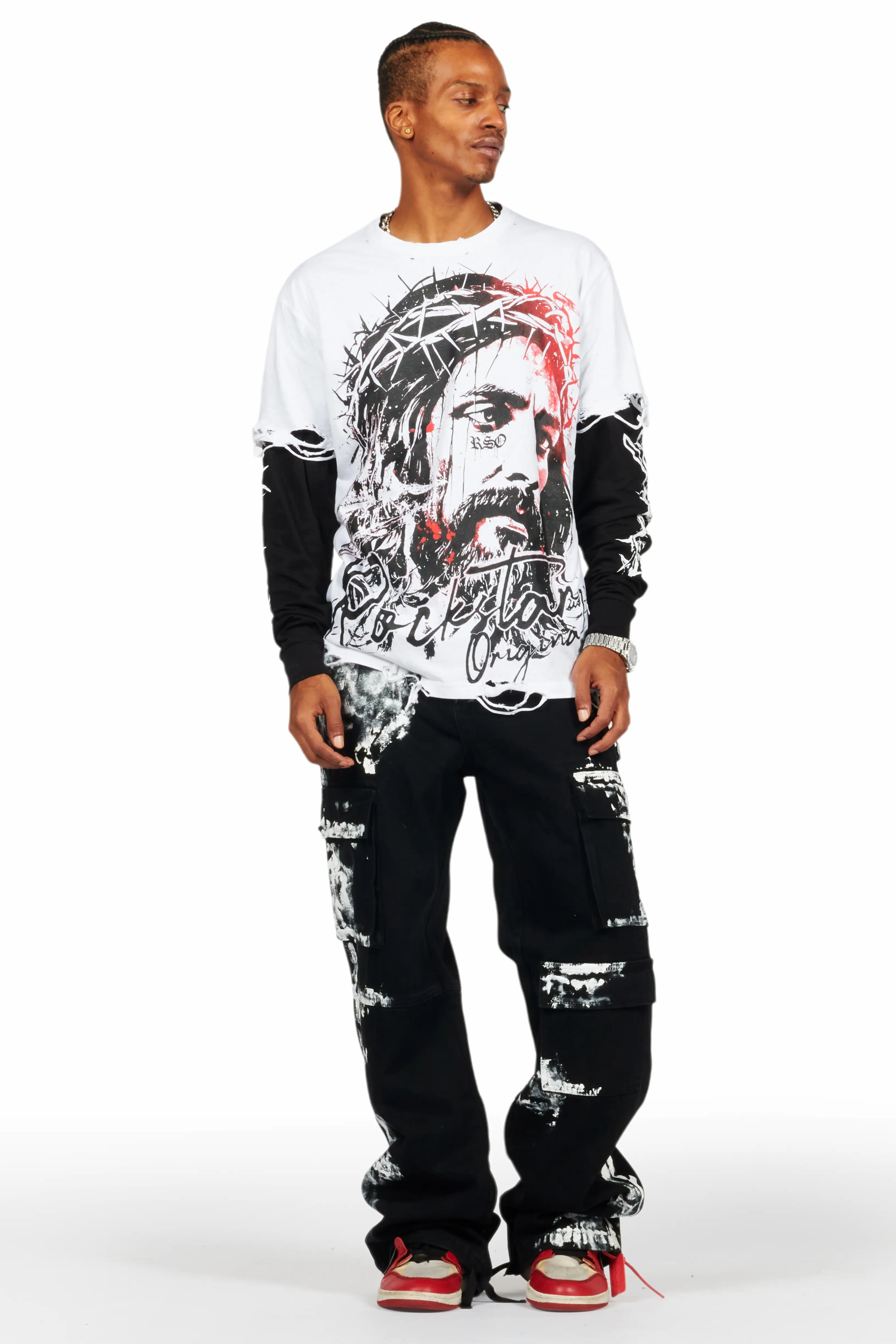 Bedros White Double Layer Long Sleeve Graphic T-Shirt - Image 2