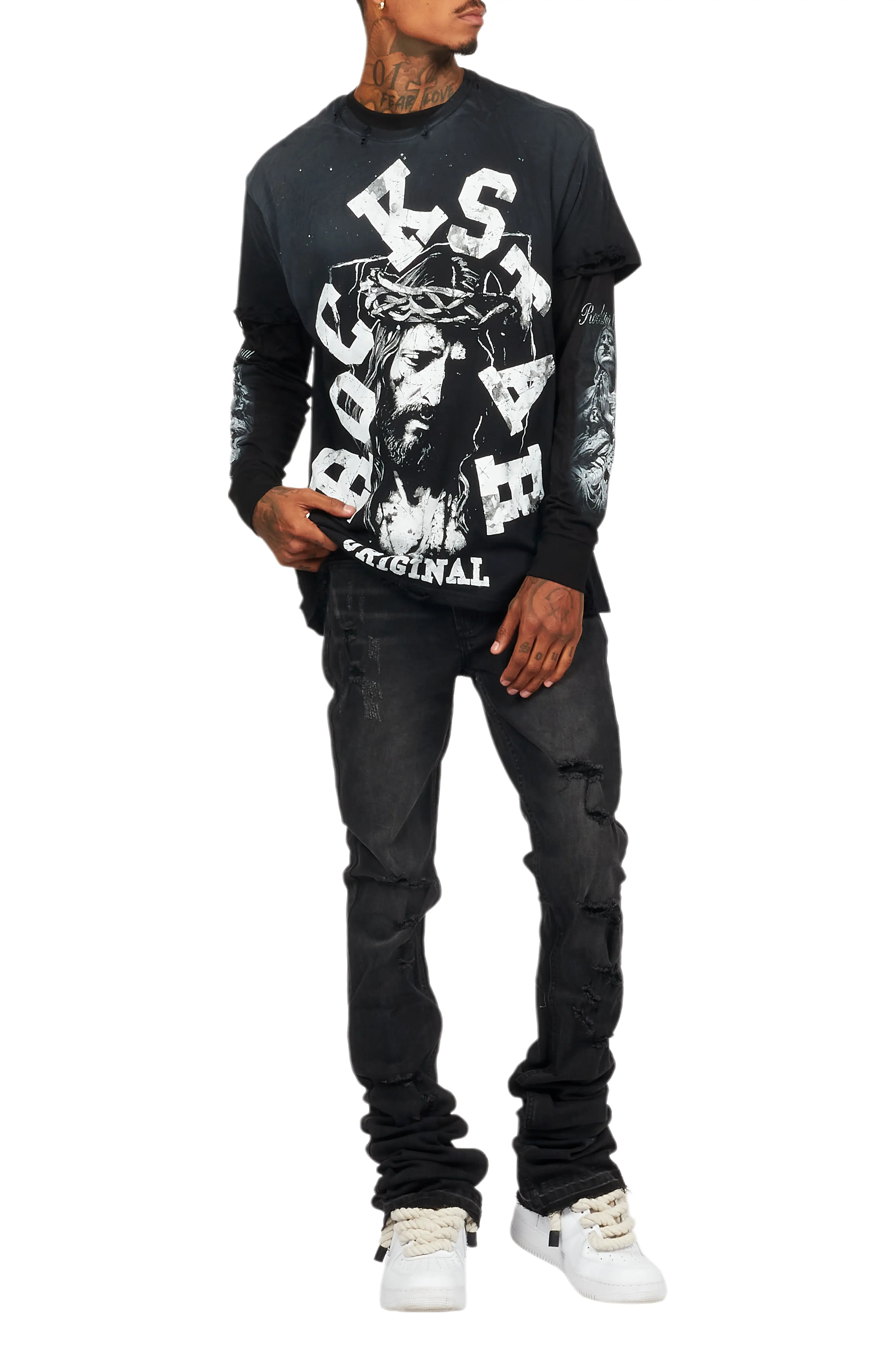 Alfred Black Double Layer Long Sleeve Graphic T-Shirt - Image 6