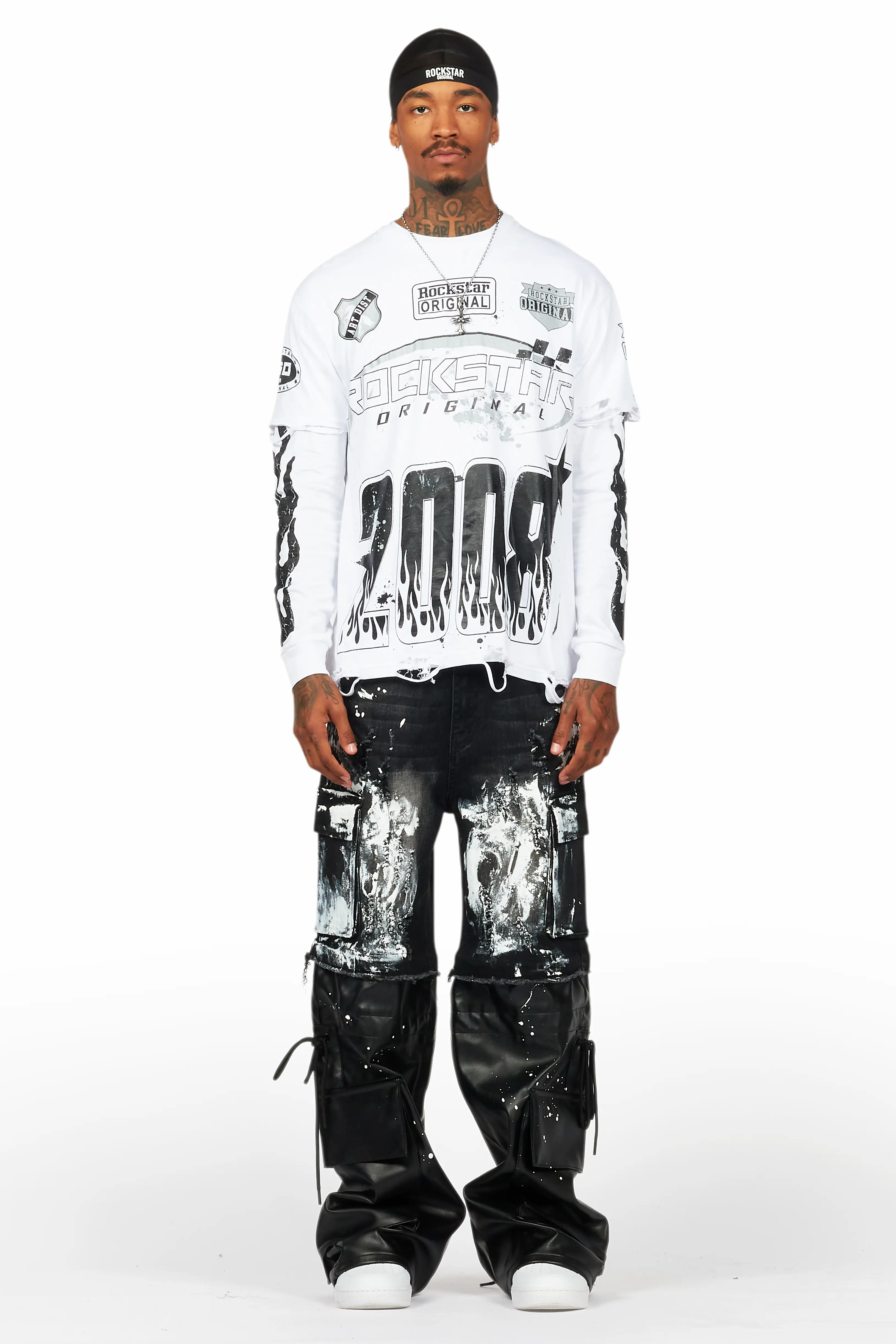Amos White/Black Double Layer Long Sleeve Graphic T-Shirt - Image 5