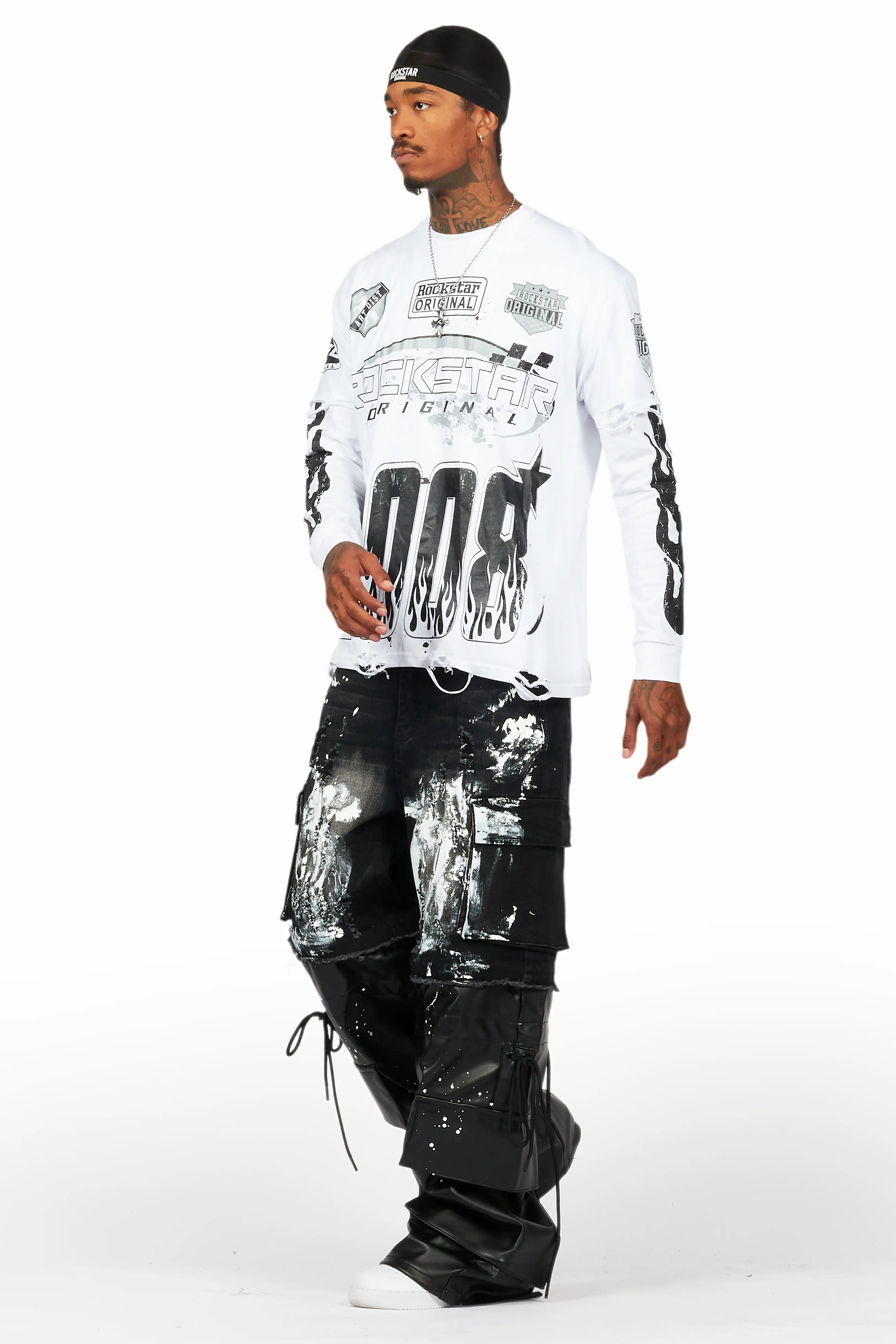 Amos White/Black Double Layer Long Sleeve Graphic T-Shirt - Image 8