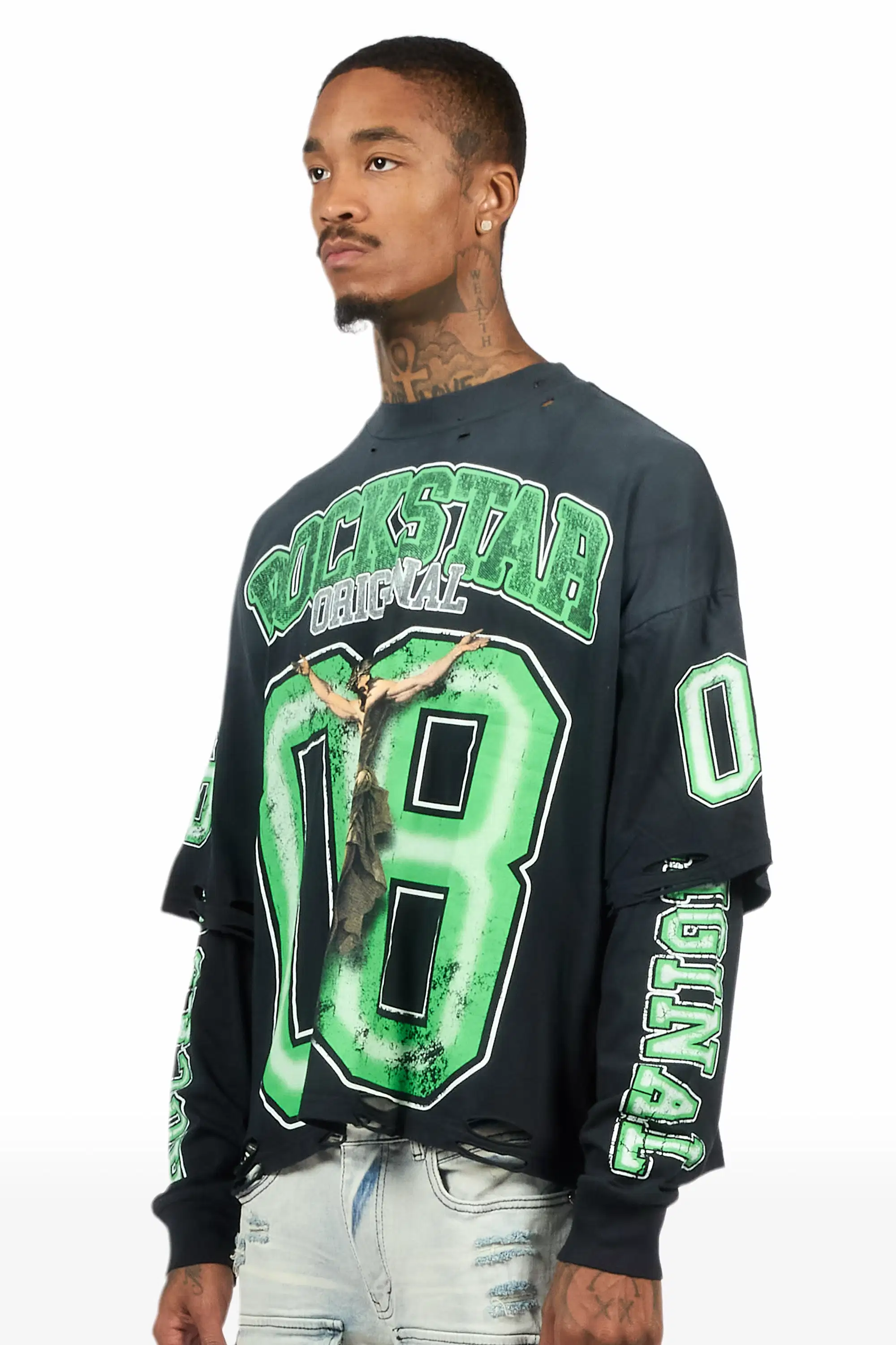 Fields Black/Green Double Layer Long Sleeve Graphic T-Shirt - Image 5