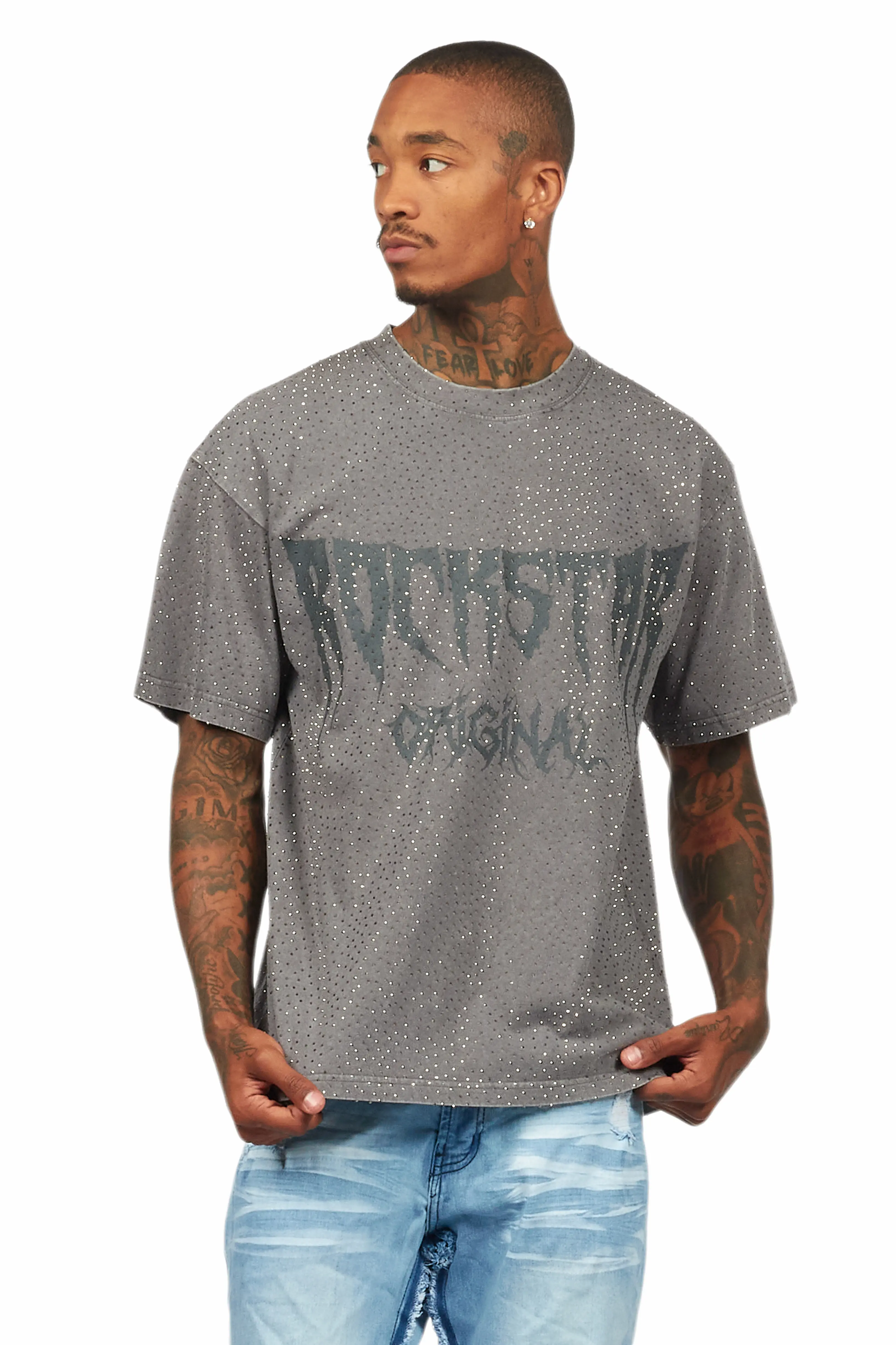 Andros Grey Graphic Rhinestone T-Shirt - Image 4
