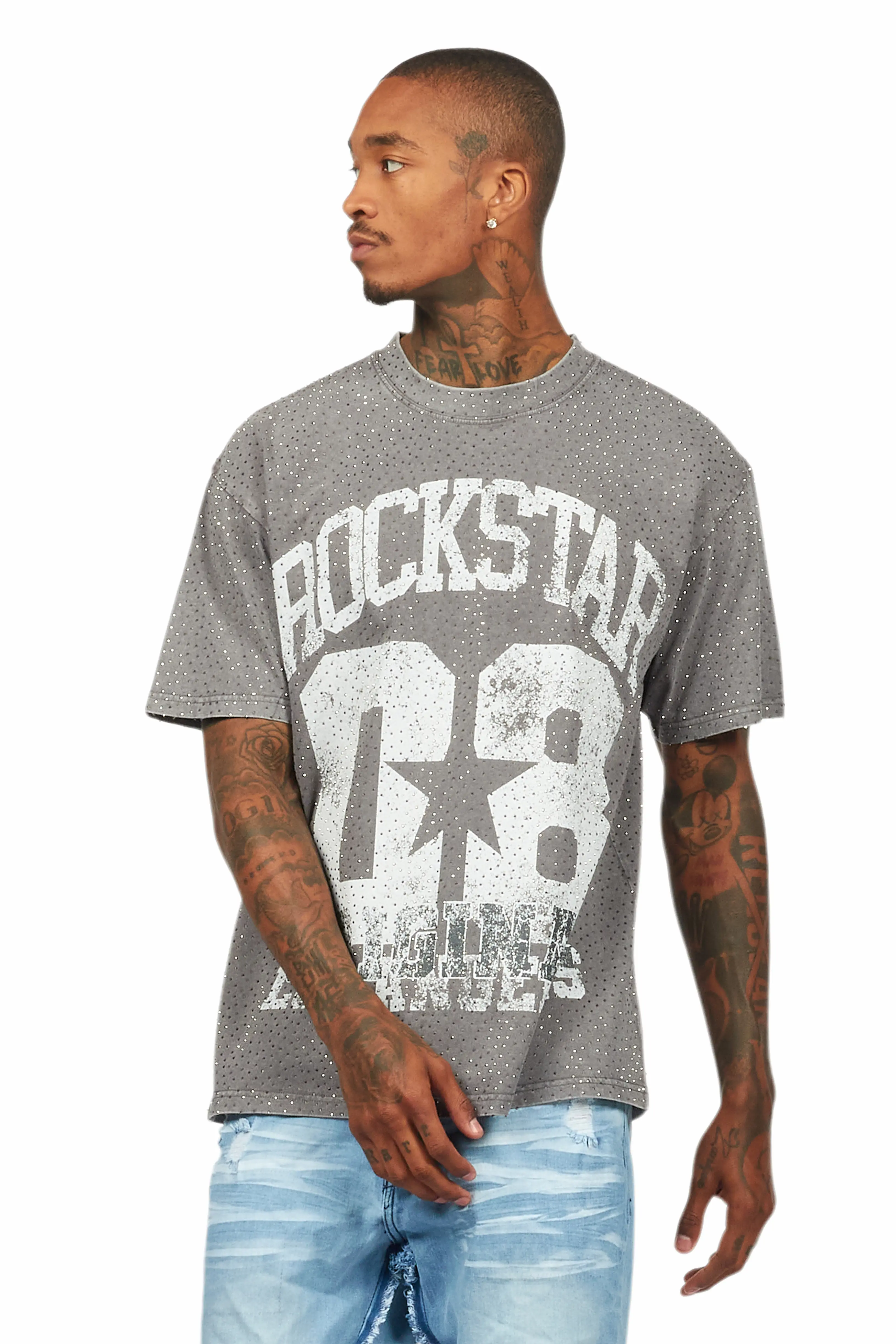Flamur Grey Graphic Rhinestone T-Shirt - Image 3