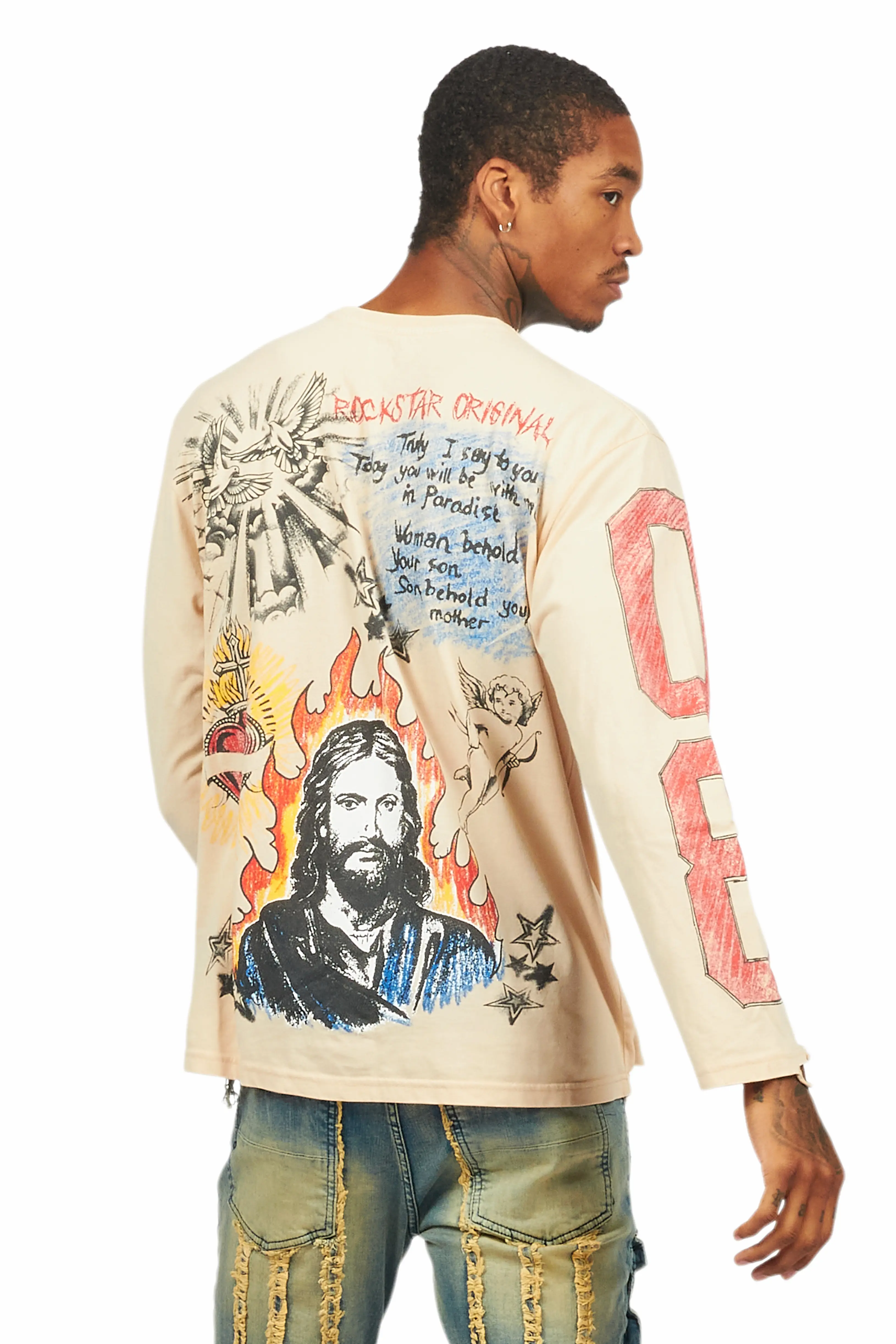 Jesus Crayon Beige Long Sleeve Graphic T-Shirt - Image 4