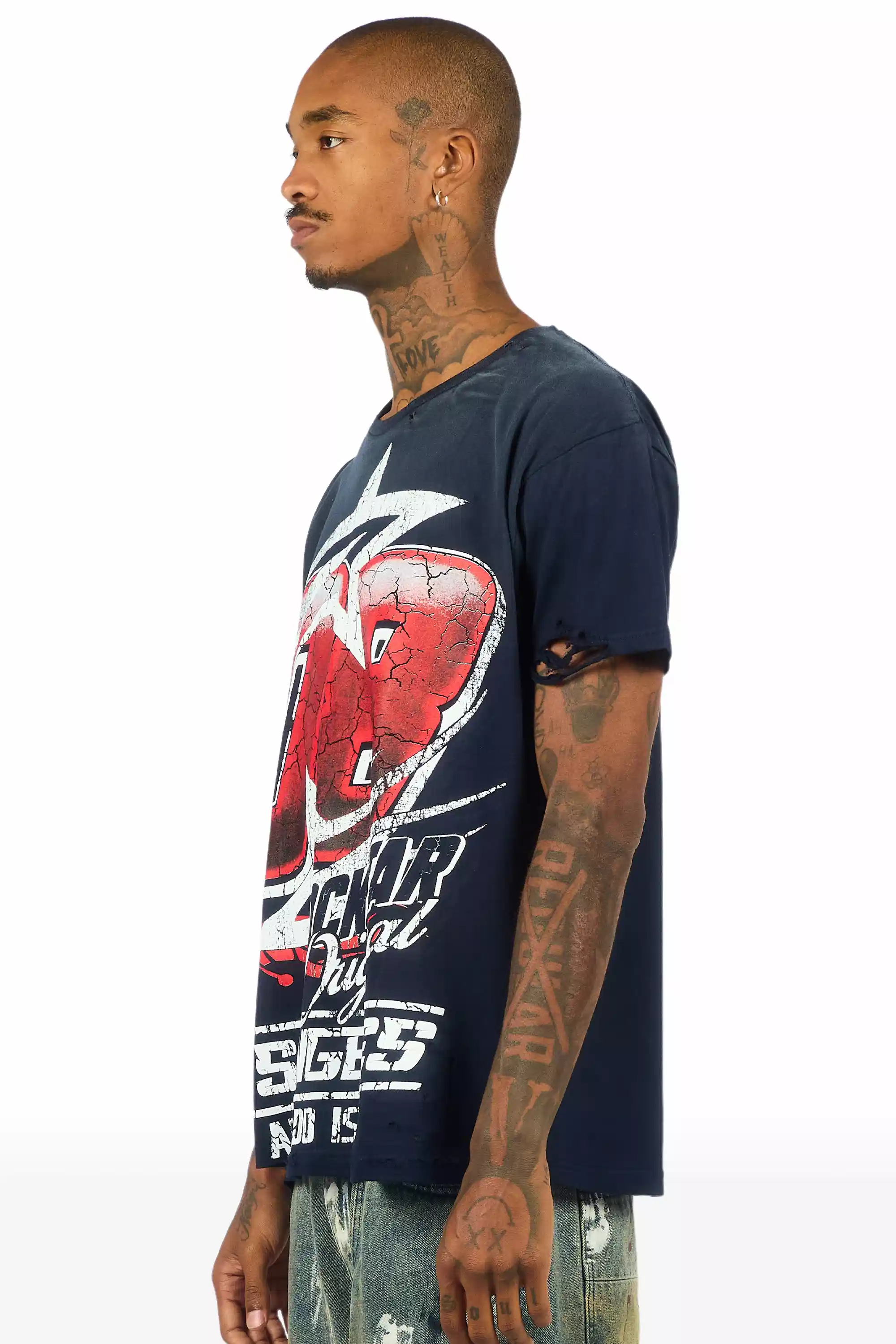 Kastell Navy/White Oversized Distressed Graphic T-Shirt - Image 4