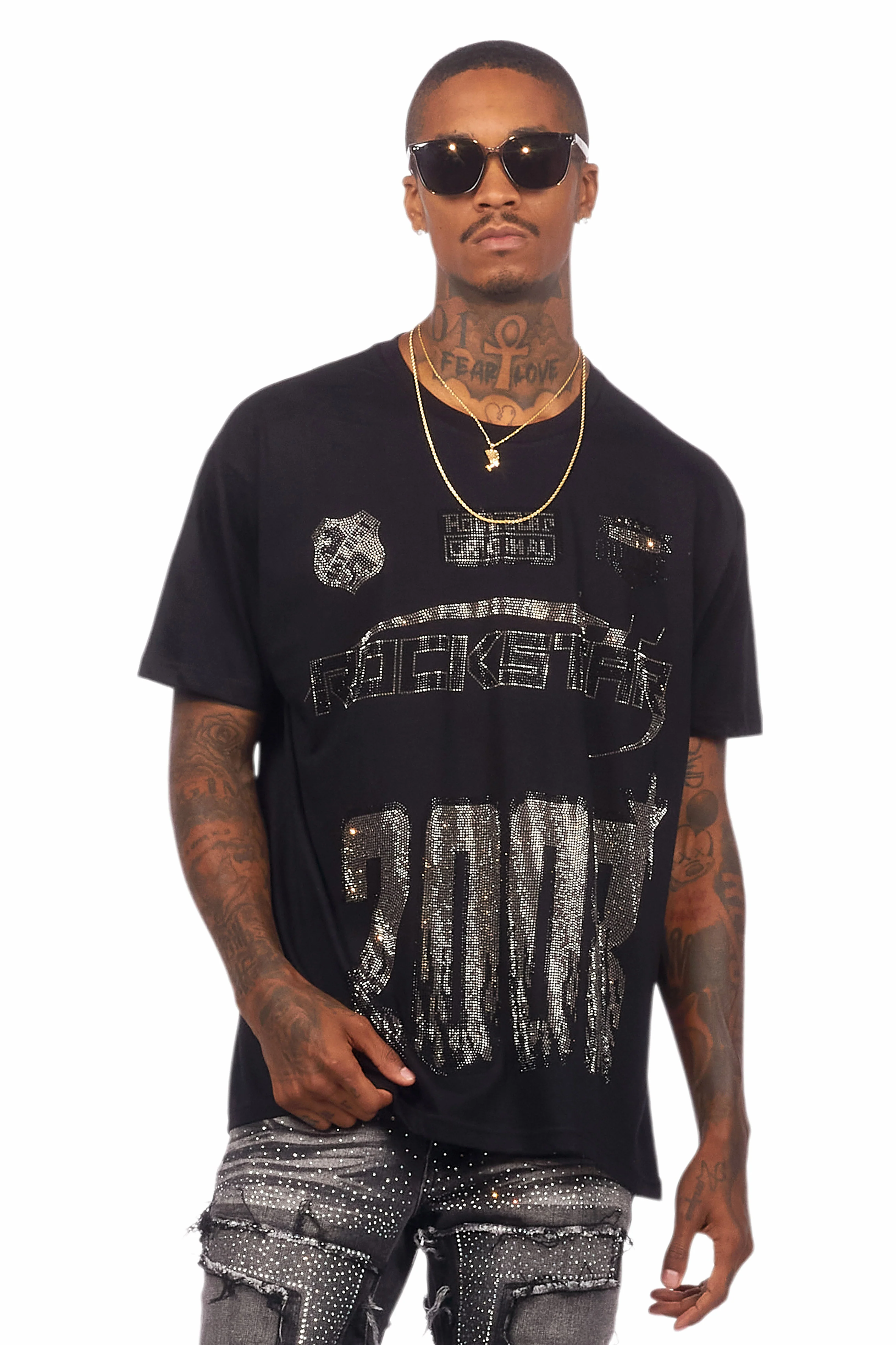 Brazen Black Graphic Rhinestone T-Shirt - Image 3