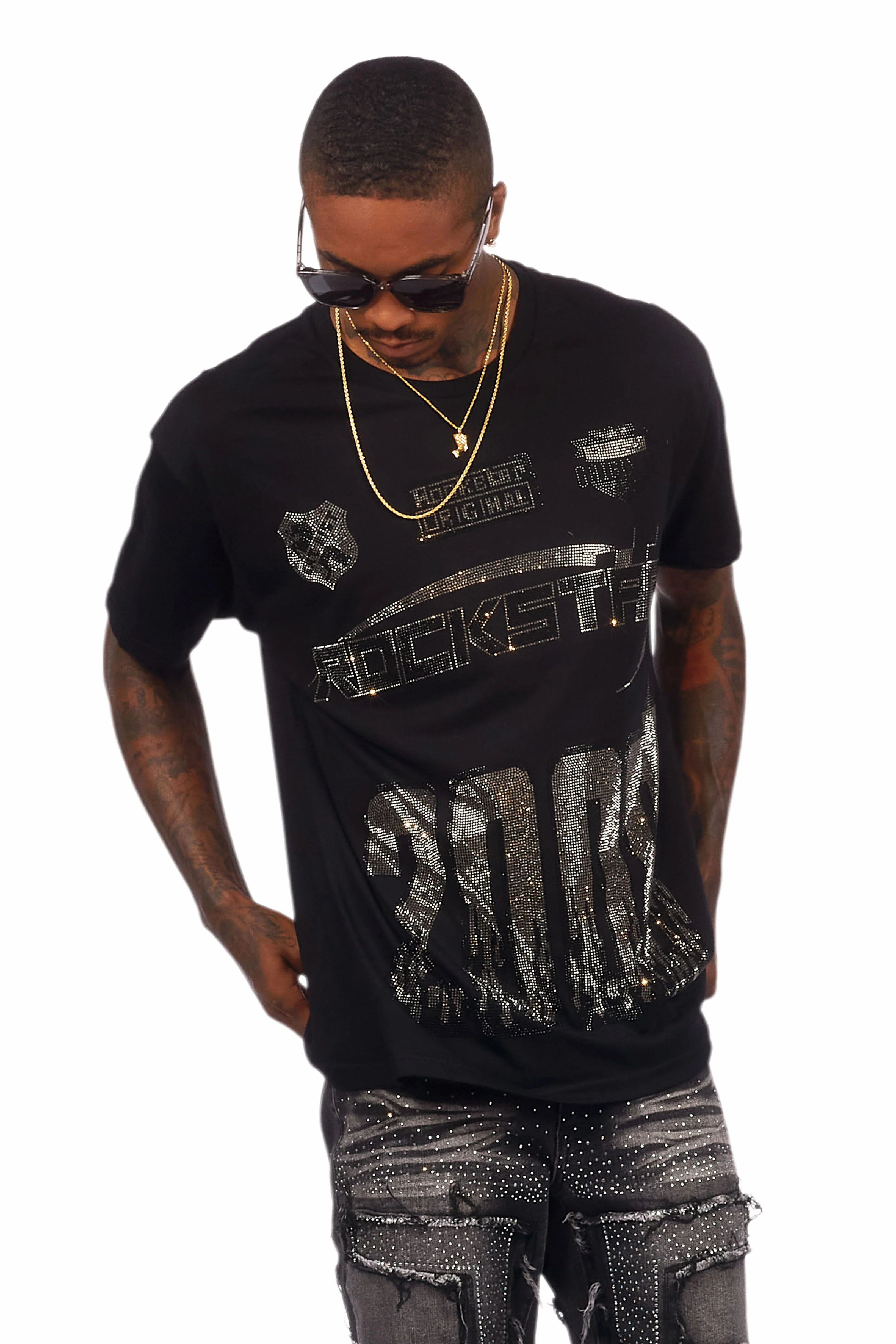 Brazen Black Graphic Rhinestone T-Shirt - Image 5