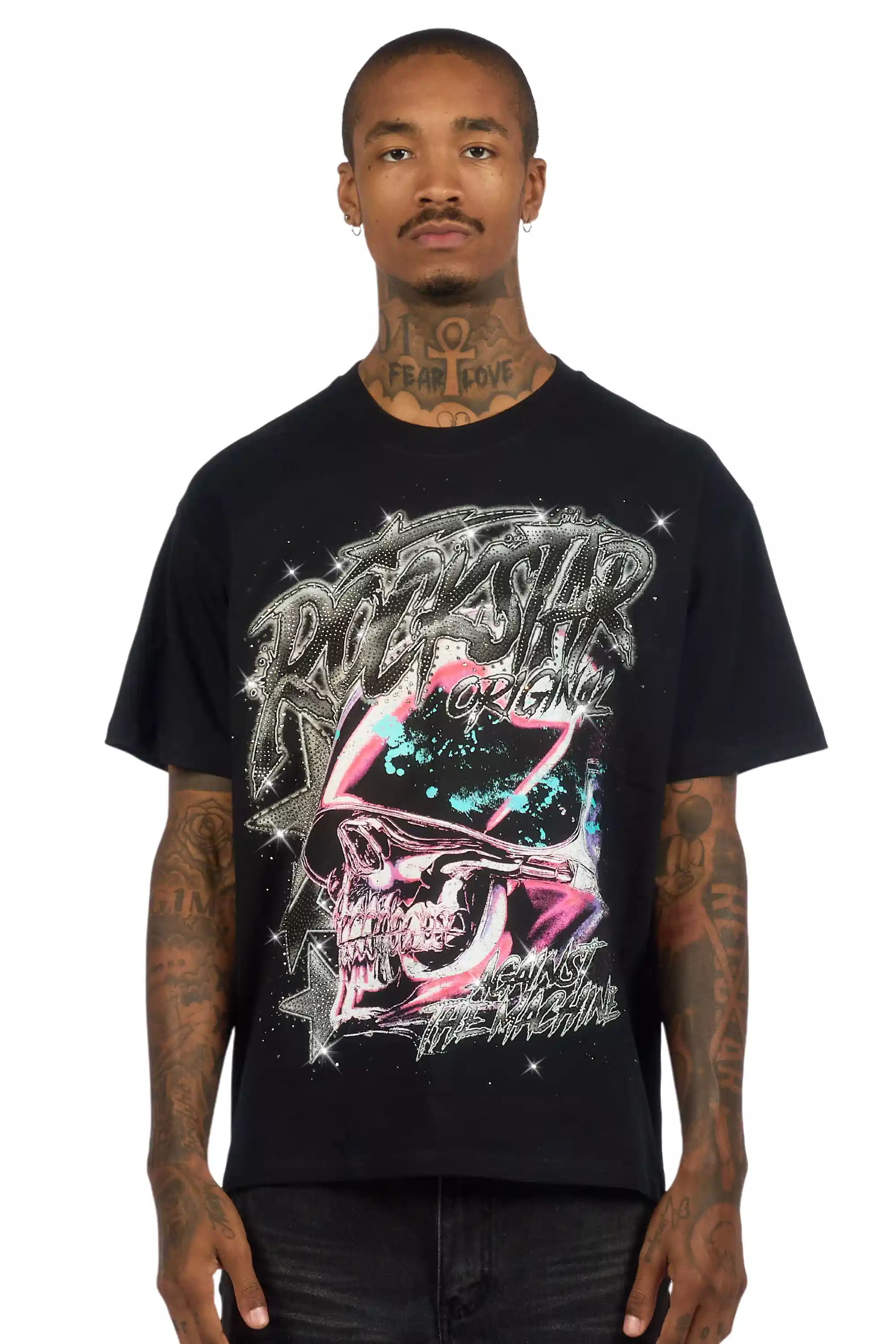Outerworld Black Graphic Rhinestone T-Shirt - Image 2