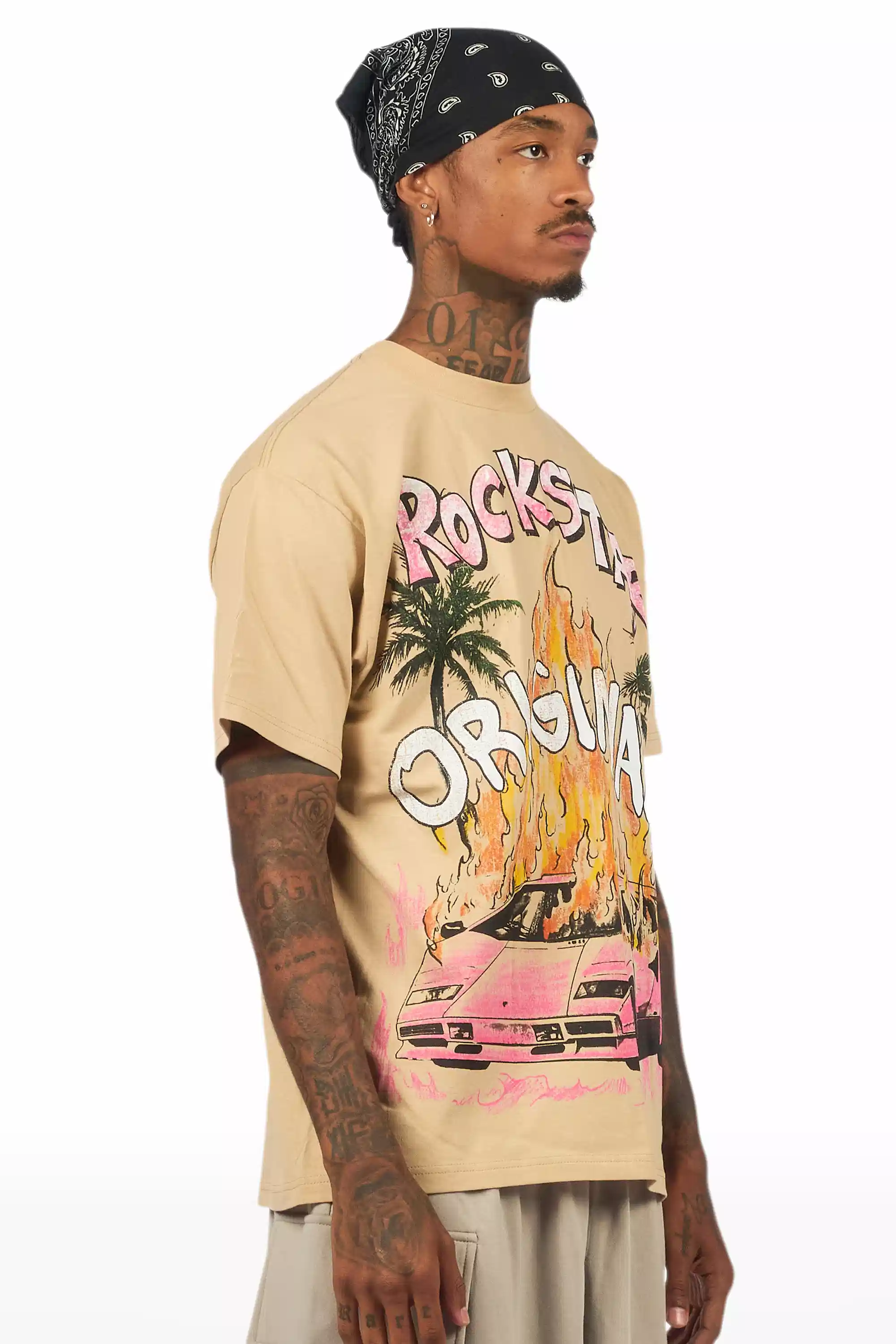 Axrian Beige/Pink Oversized Graphic T-Shirt - Image 3