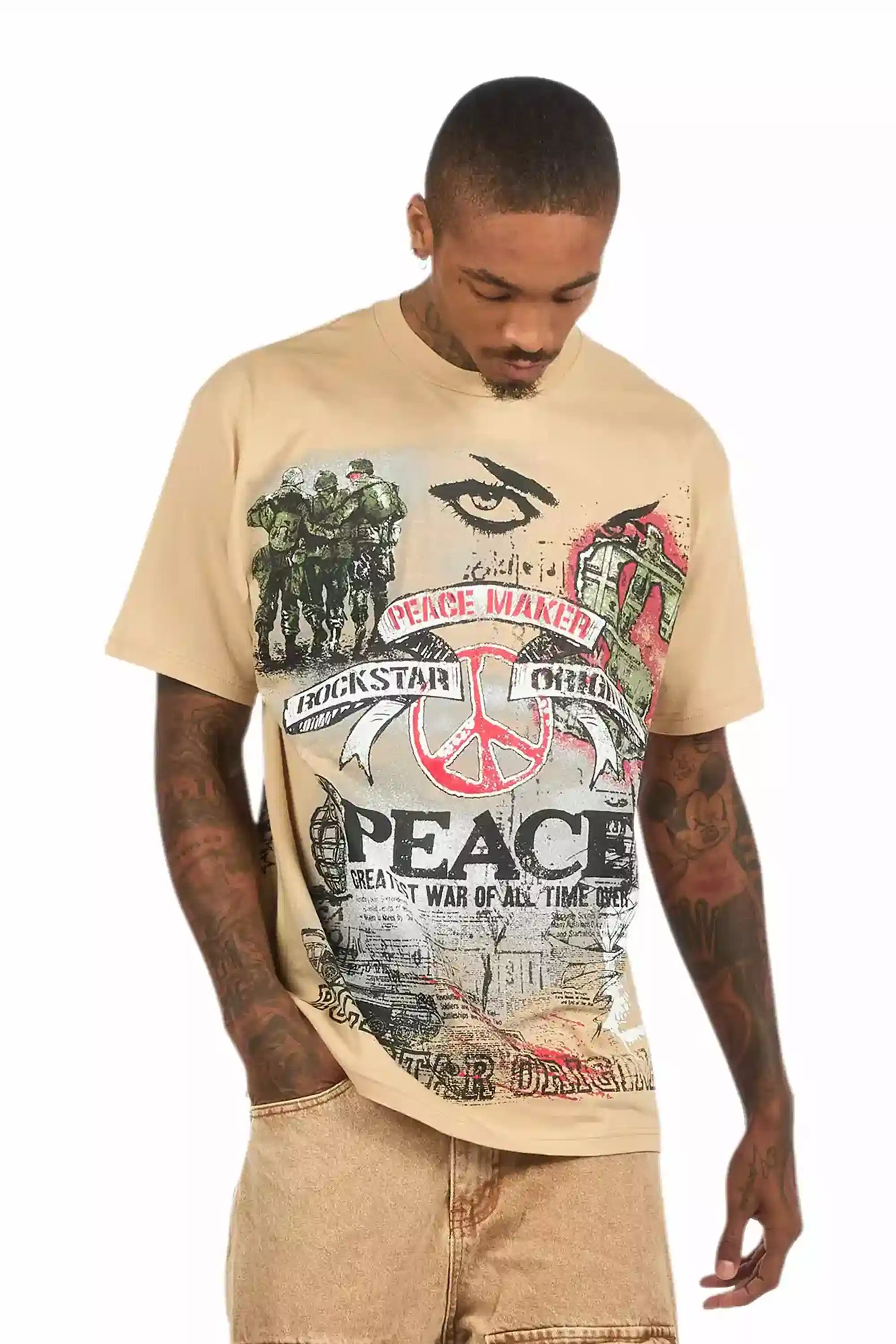 Saeko Beige Oversized Graphic T-Shirt - Image 4