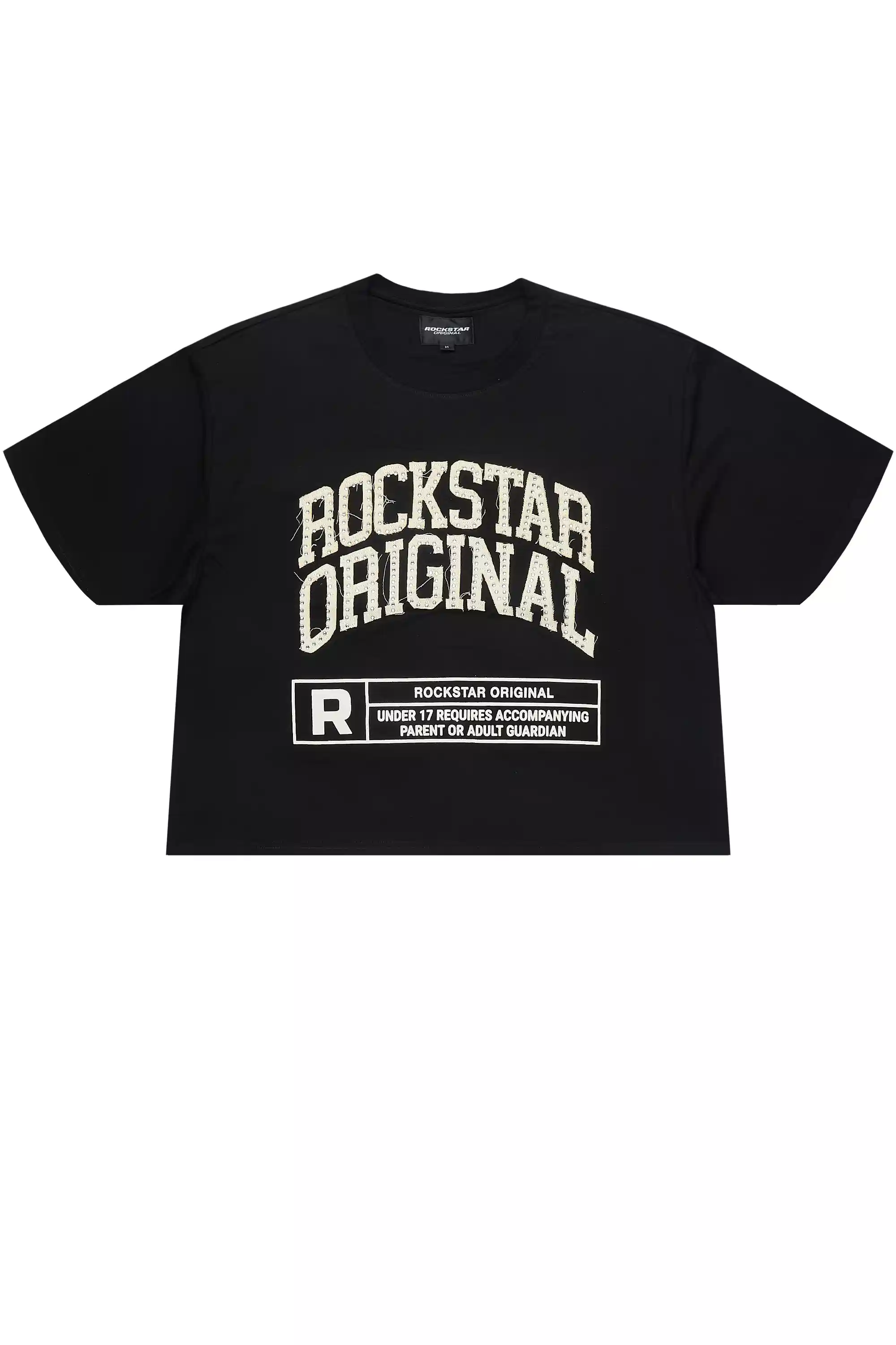 Tracy Black Rhinestone Boxy Crop T-Shirt
