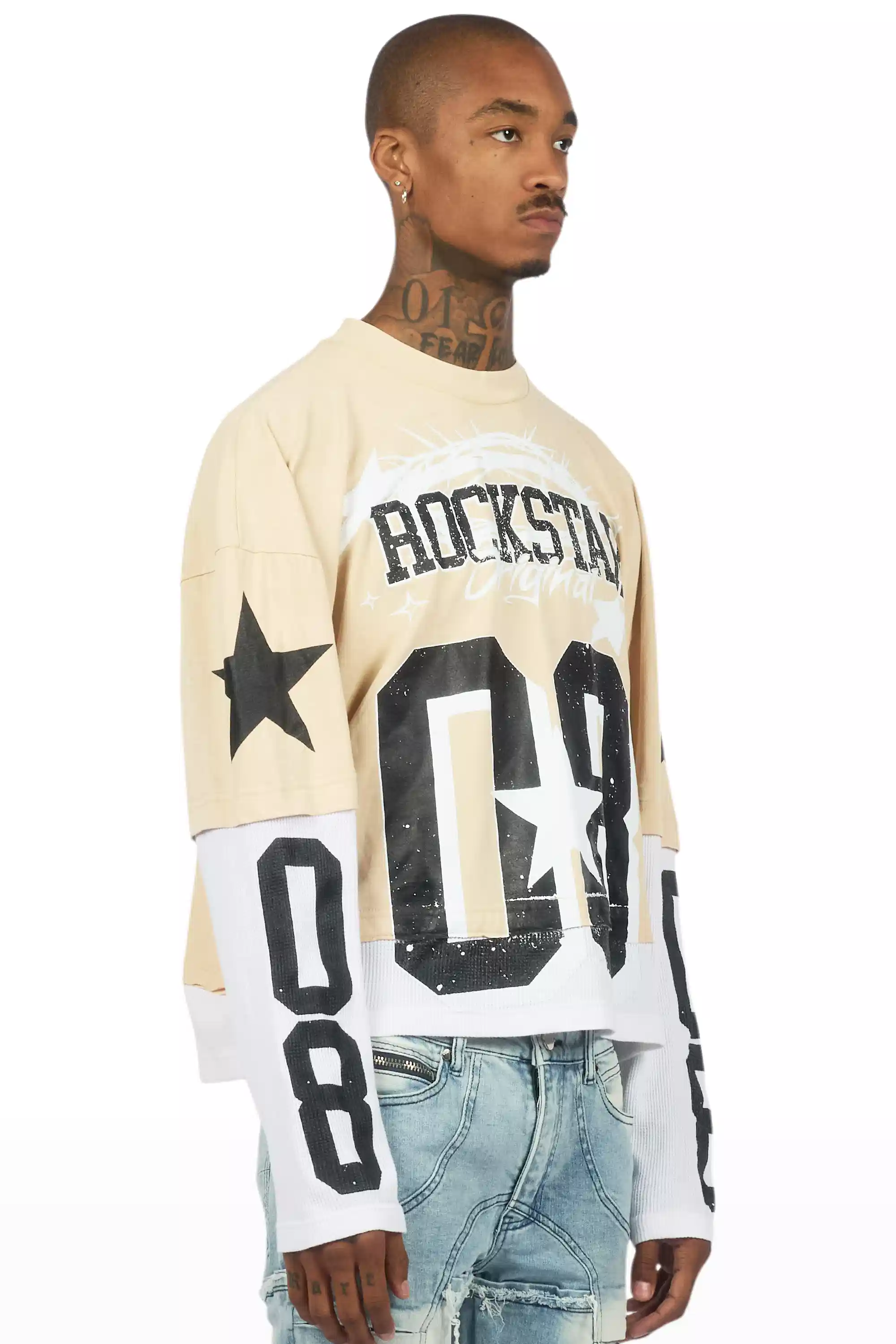 Allstar Beige/Black Boxy Crop Double Layer Tee - Image 3
