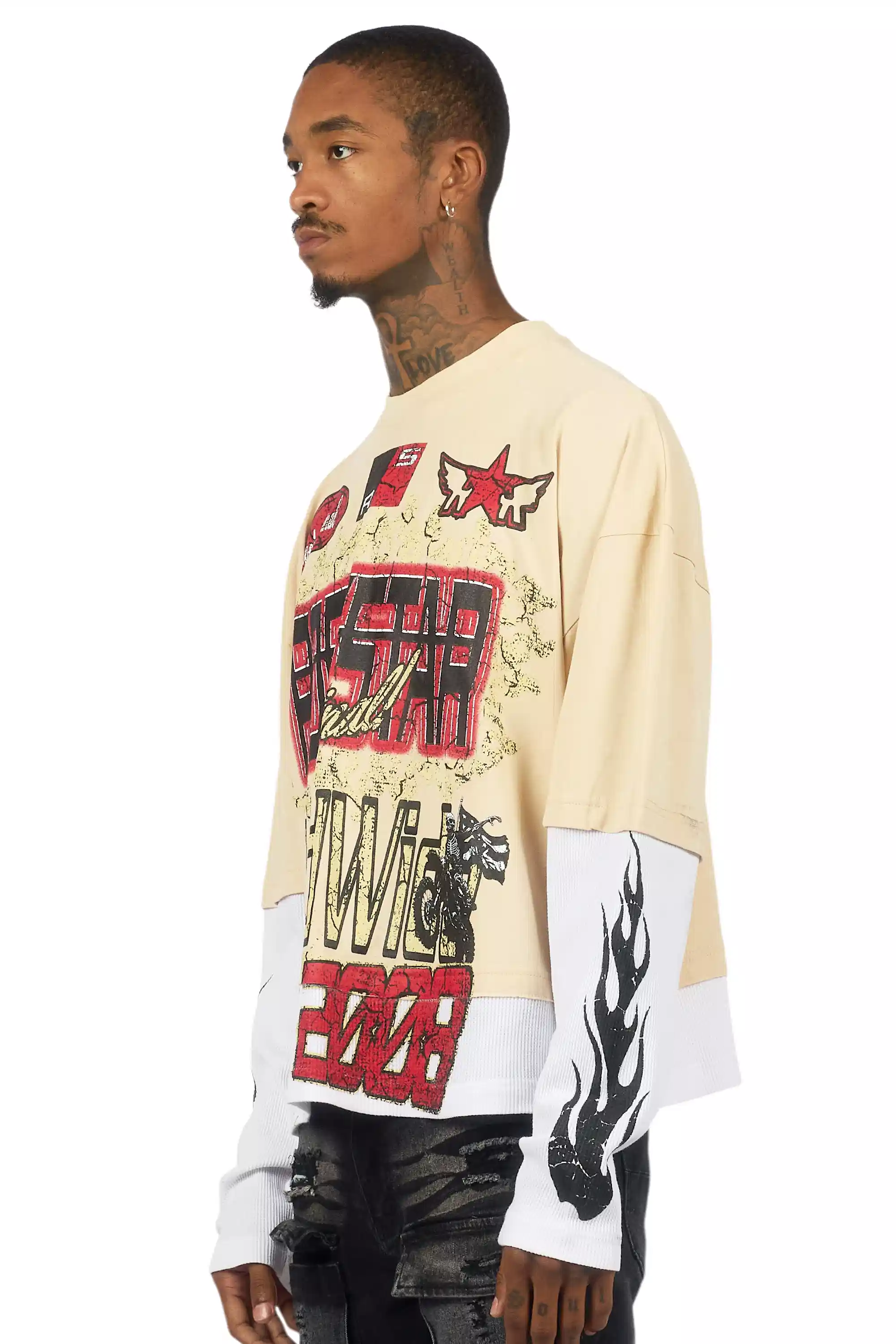 Deangelo Beige/Red Boxy Crop Double Layer Tee - Image 5