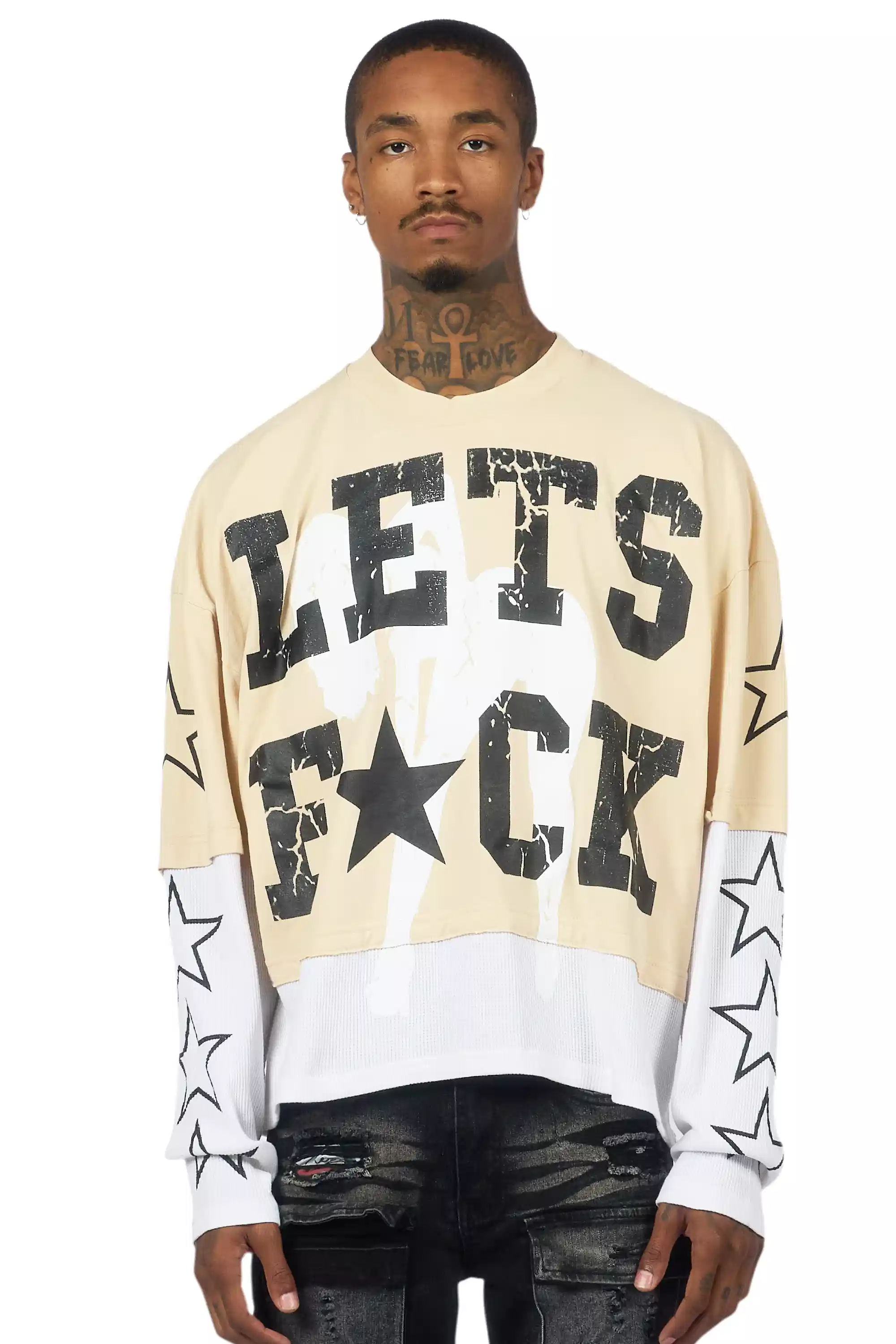 Pacino Beige/Black Boxy Crop Double Layer Tee - Image 2