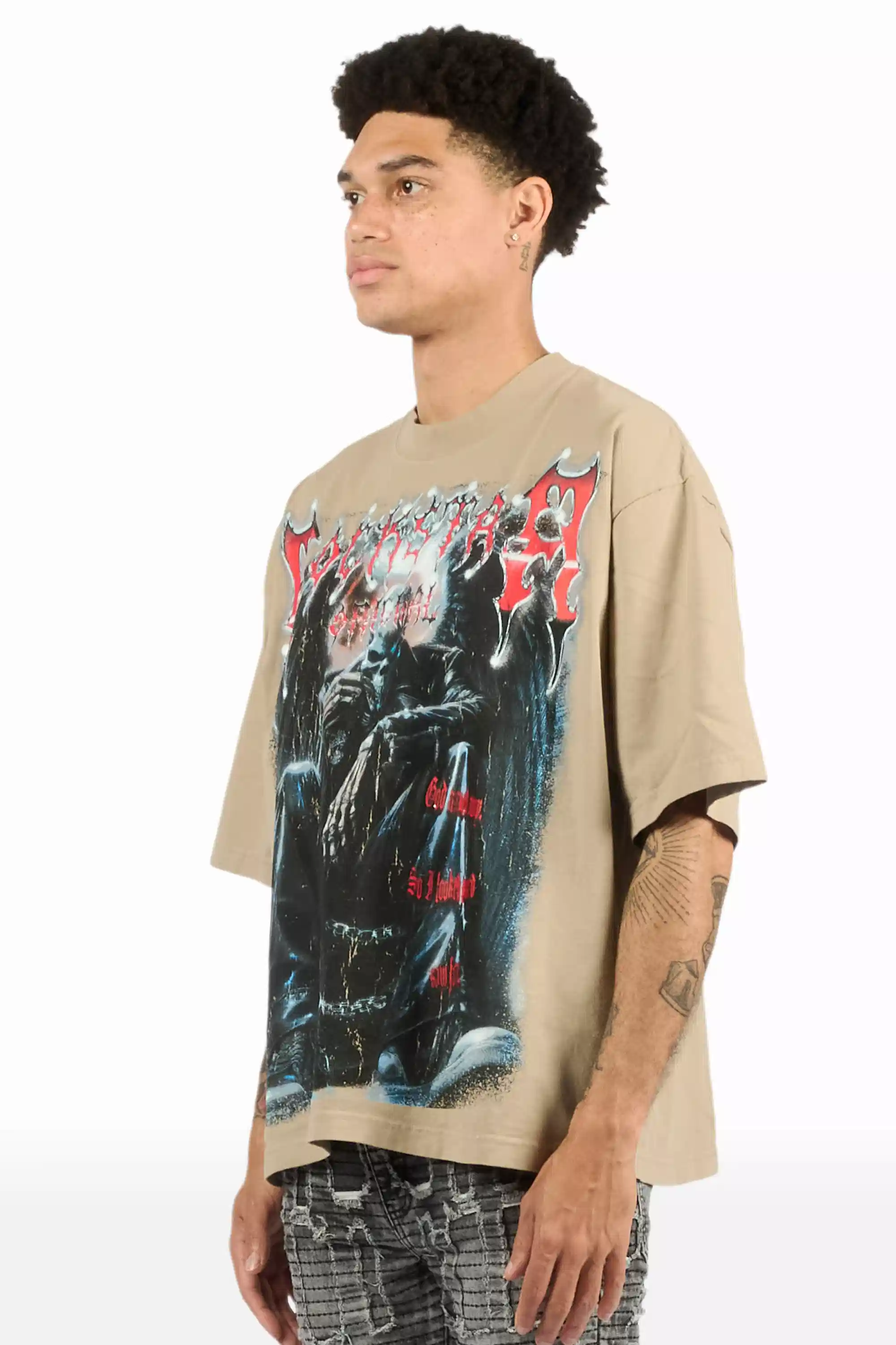 Krowne Beige/Black Oversized Graphic T-Shirt - Image 9