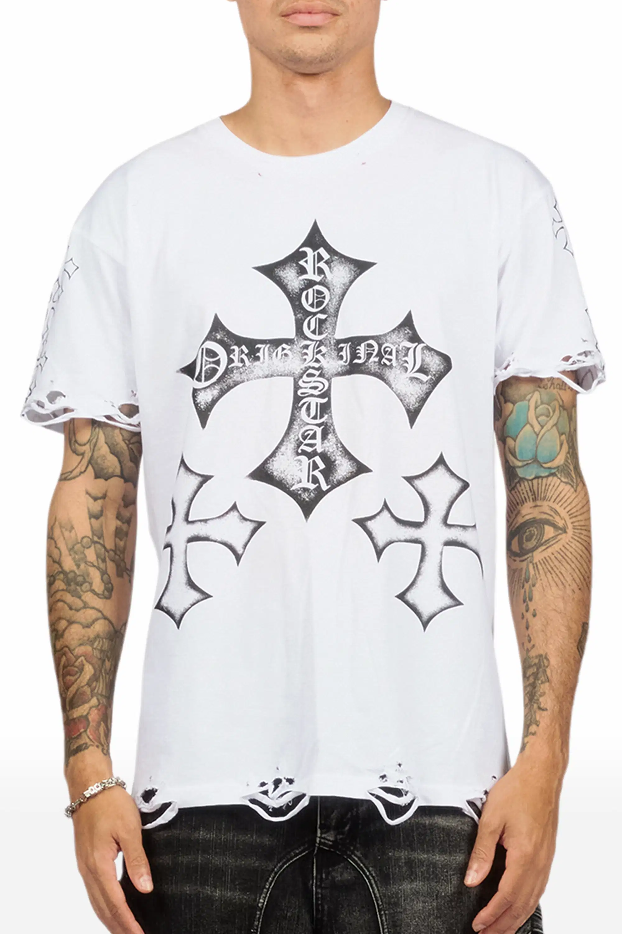 Marizon White/Black Oversized Distressed Graphic T-Shirt - Image 12