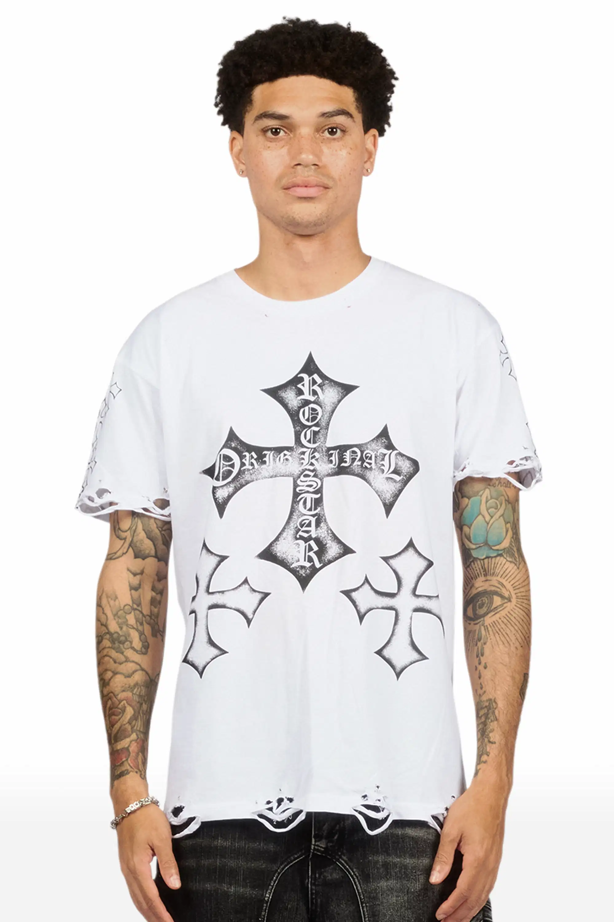 Marizon White/Black Oversized Distressed Graphic T-Shirt - Image 6