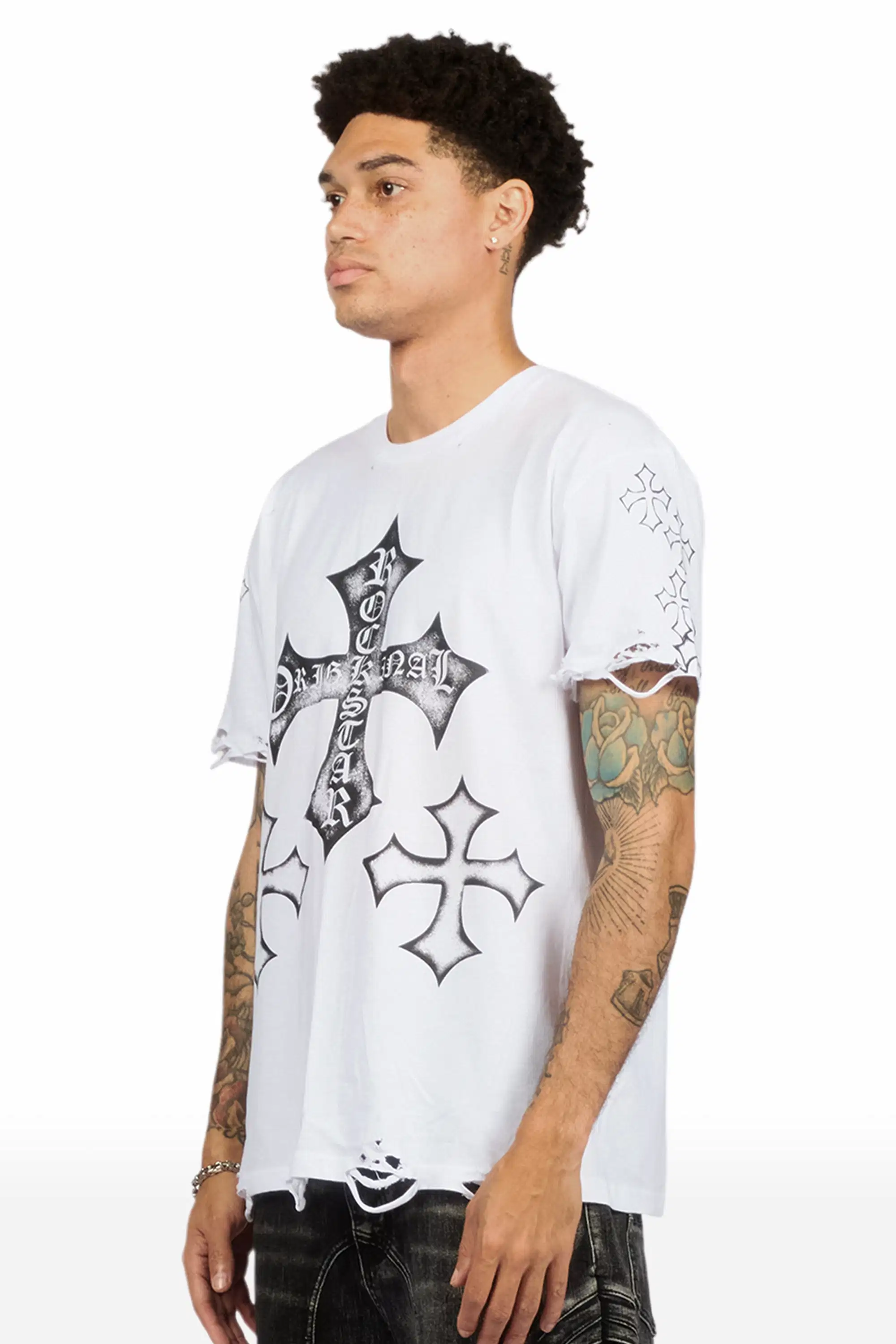 Marizon White/Black Oversized Distressed Graphic T-Shirt - Image 9