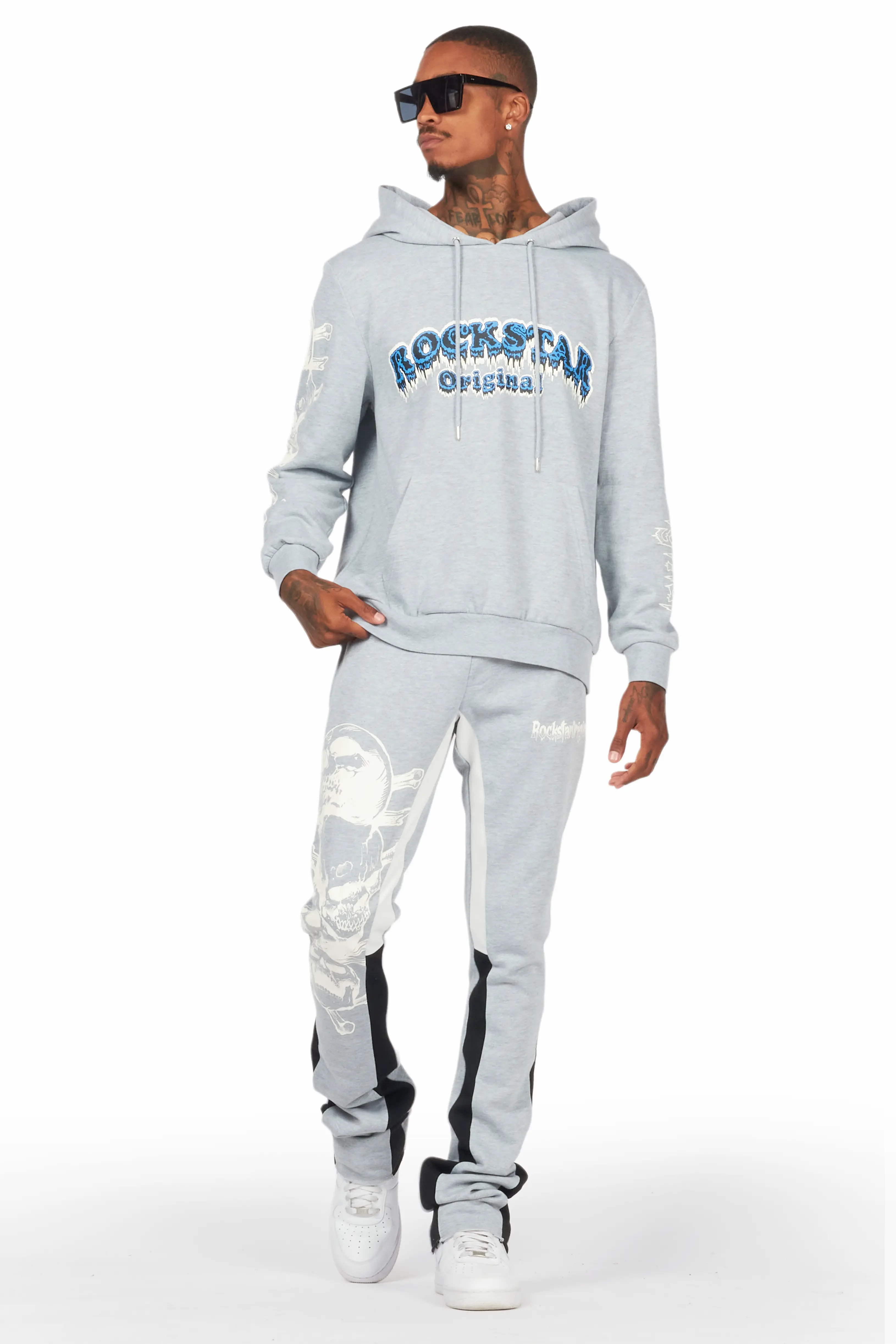 Tabor Heather Grey/Black Graphic Hoodie/Stacked Flare Pant Track Set - Image 2