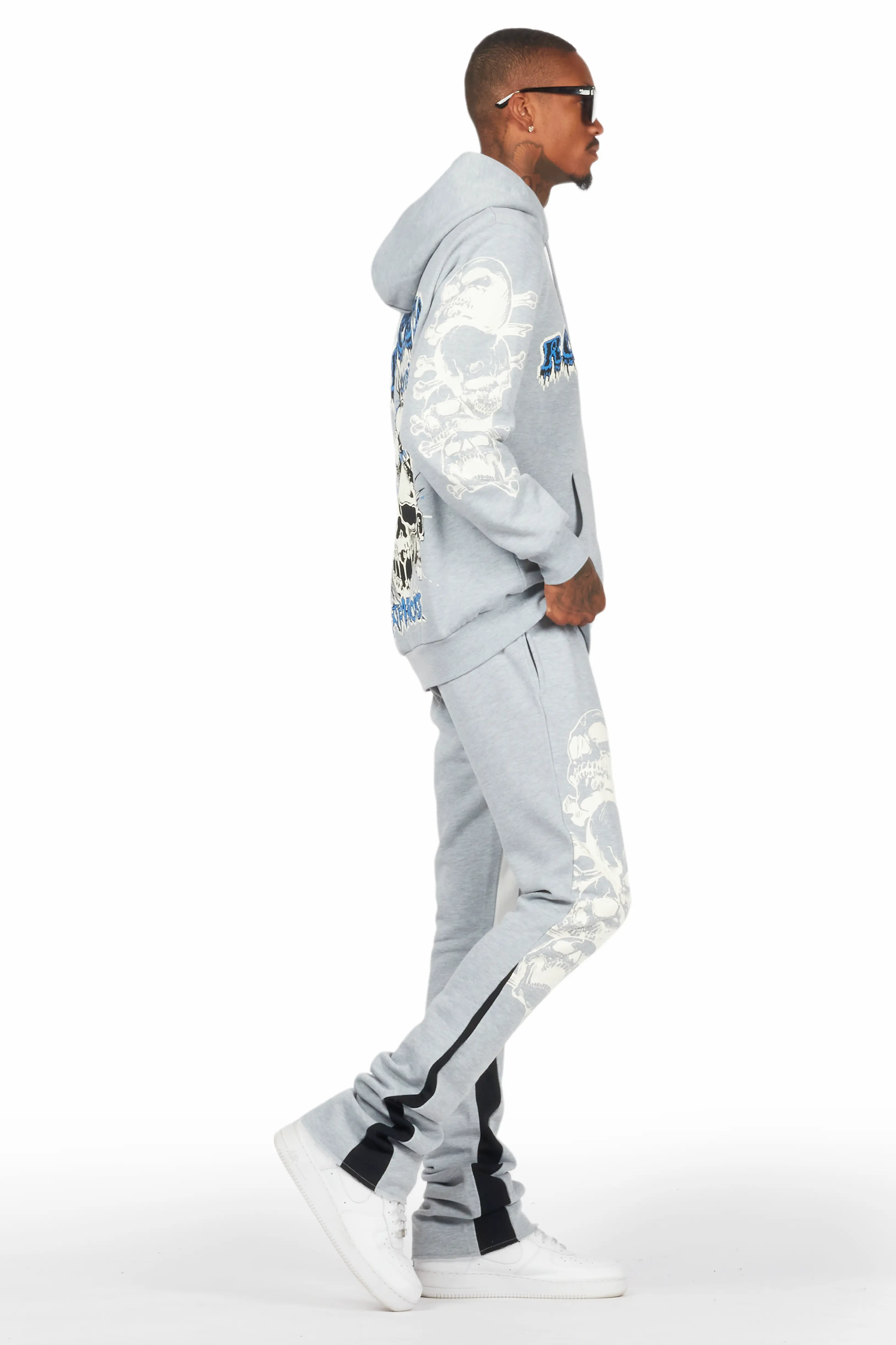 Tabor Heather Grey/Black Graphic Hoodie/Stacked Flare Pant Track Set - Image 3
