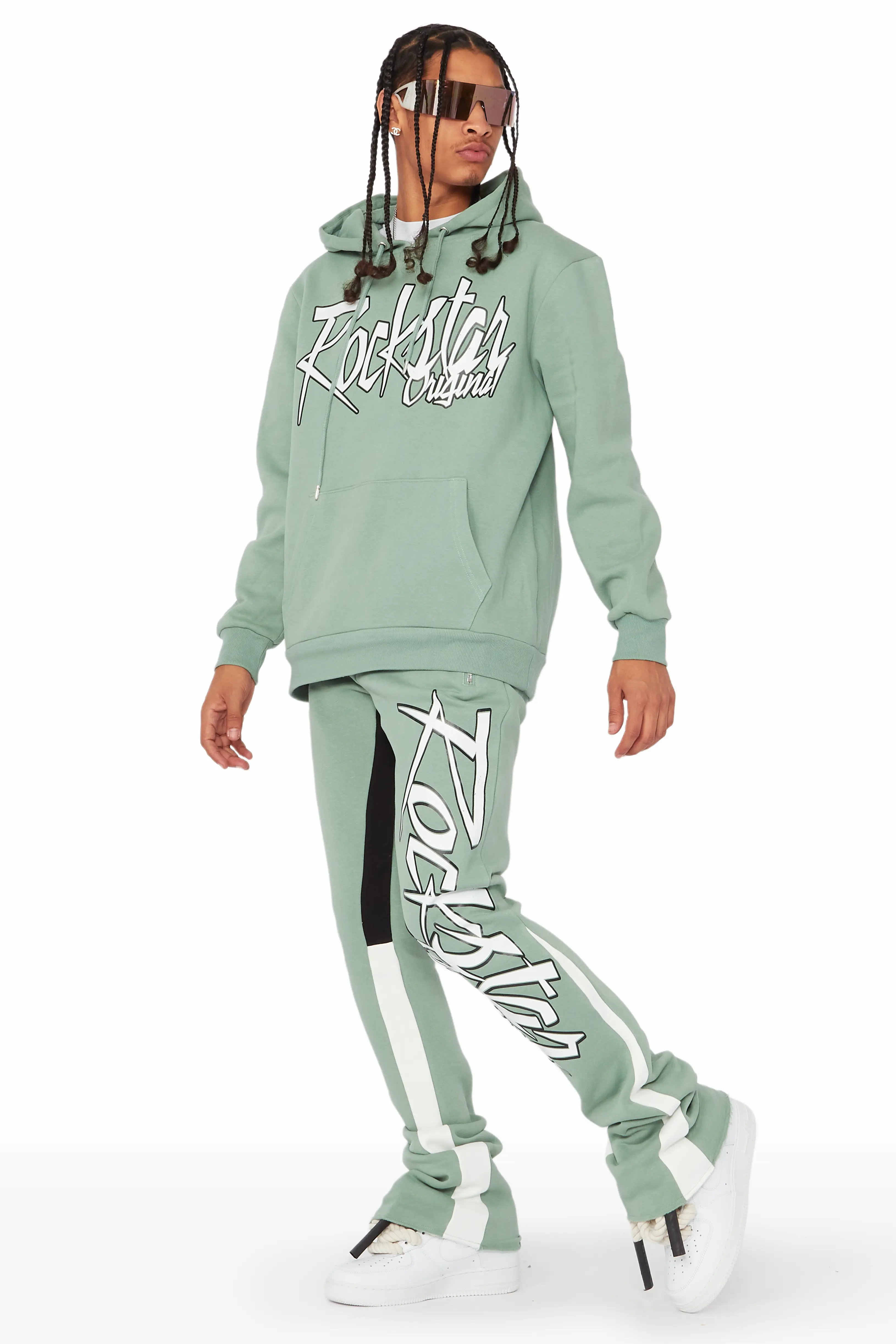 Kalibre Sage/White Hoodie/Stacked Flare Pant Set - Image 4