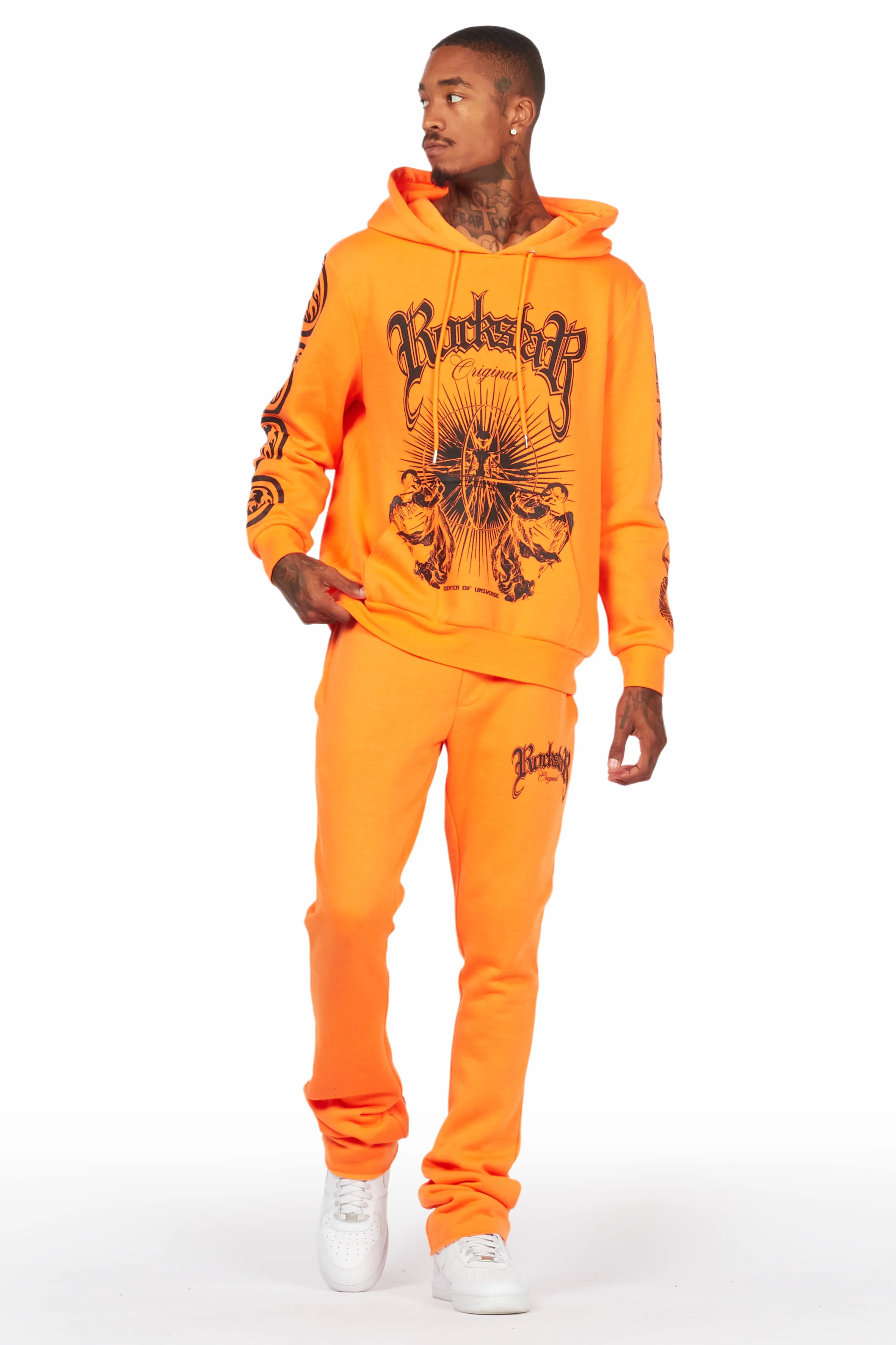 Yarden Orange Graphic Hoodie/Stacked Flare Pant Track Set - Image 2