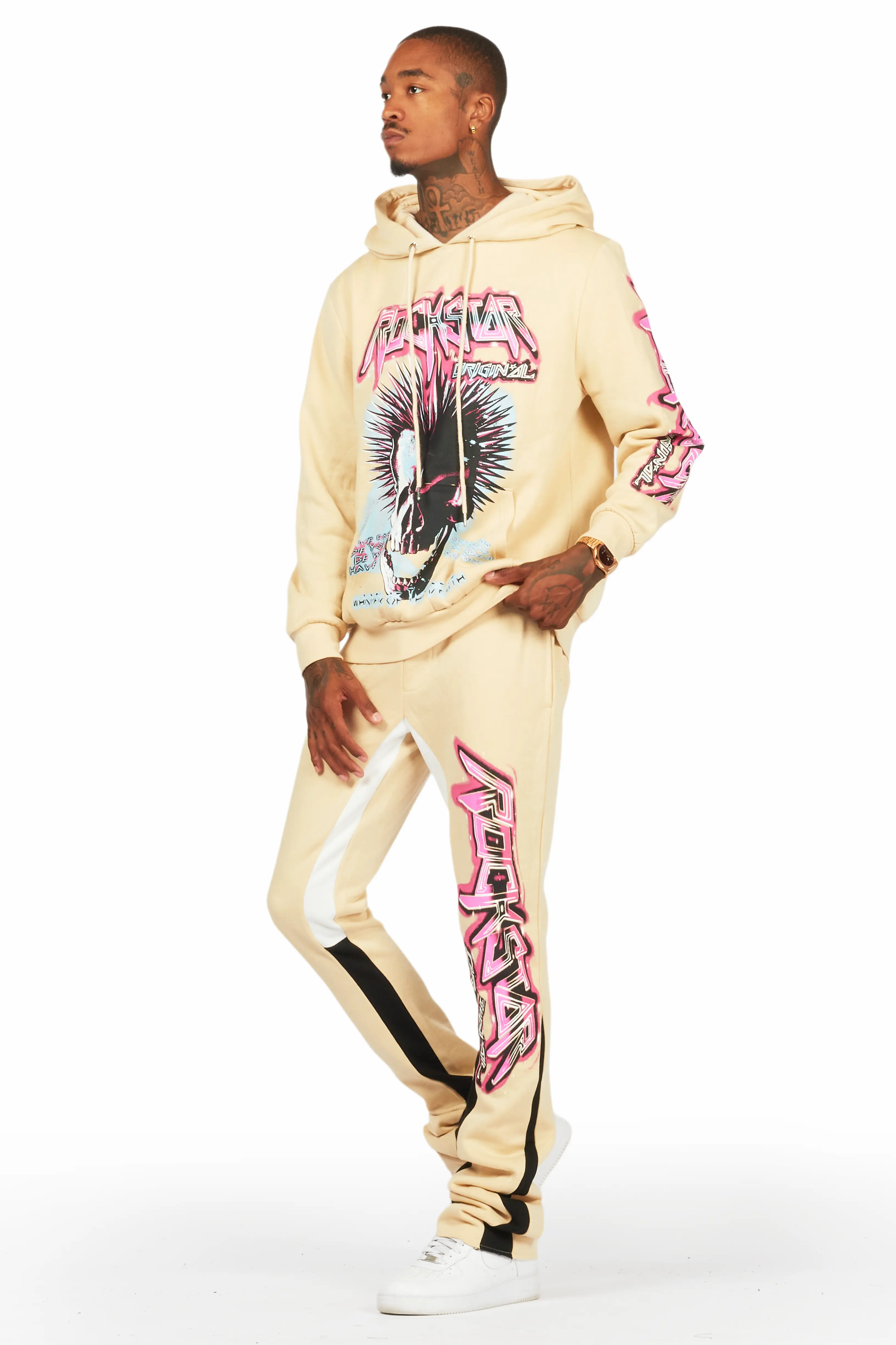 Obern Beige/Black Graphic Hoodie/Stacked Flare Pant Track Set - Image 5