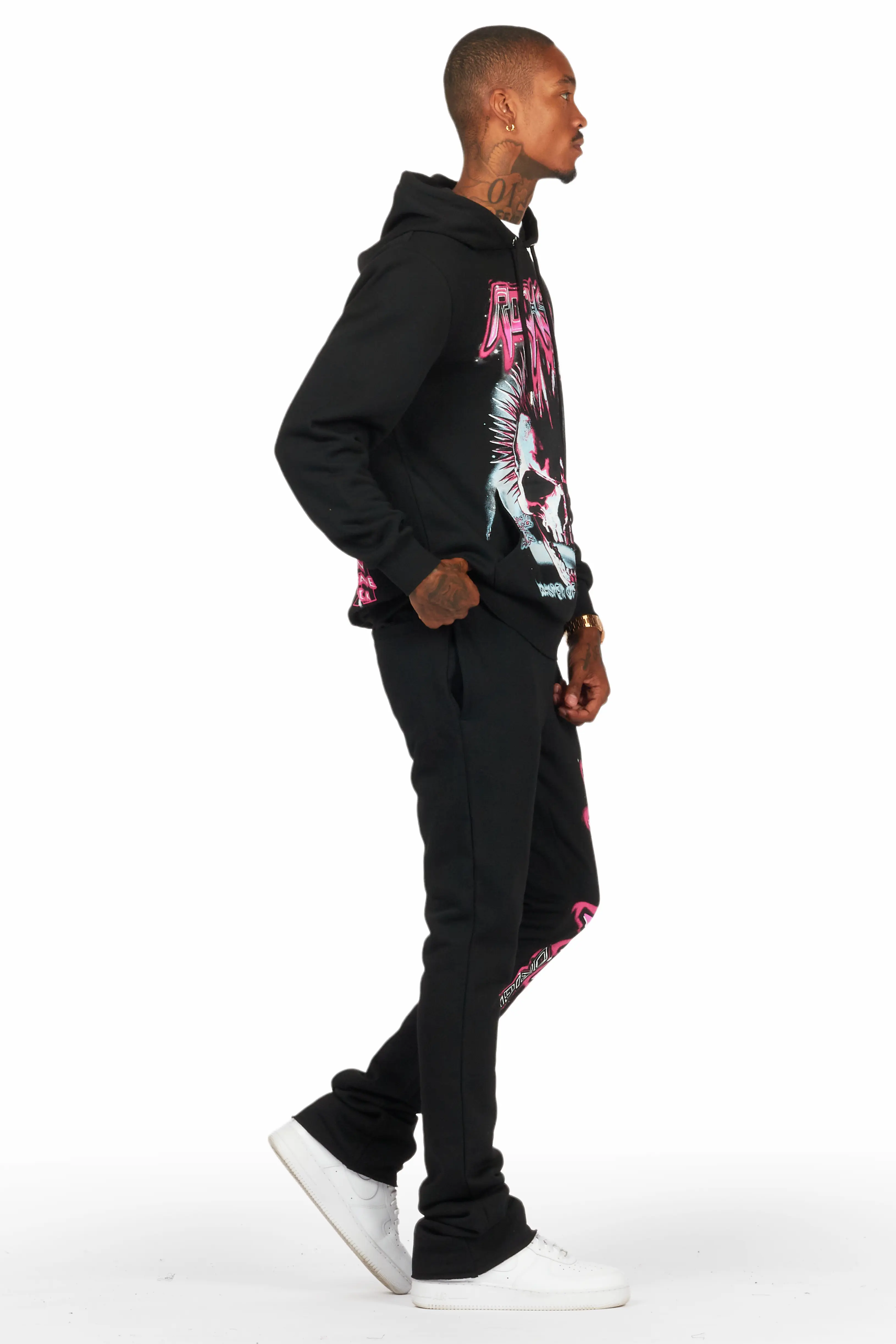 Obern Black/Black Graphic Hoodie/Stacked Flare Pant Track Set - Image 3