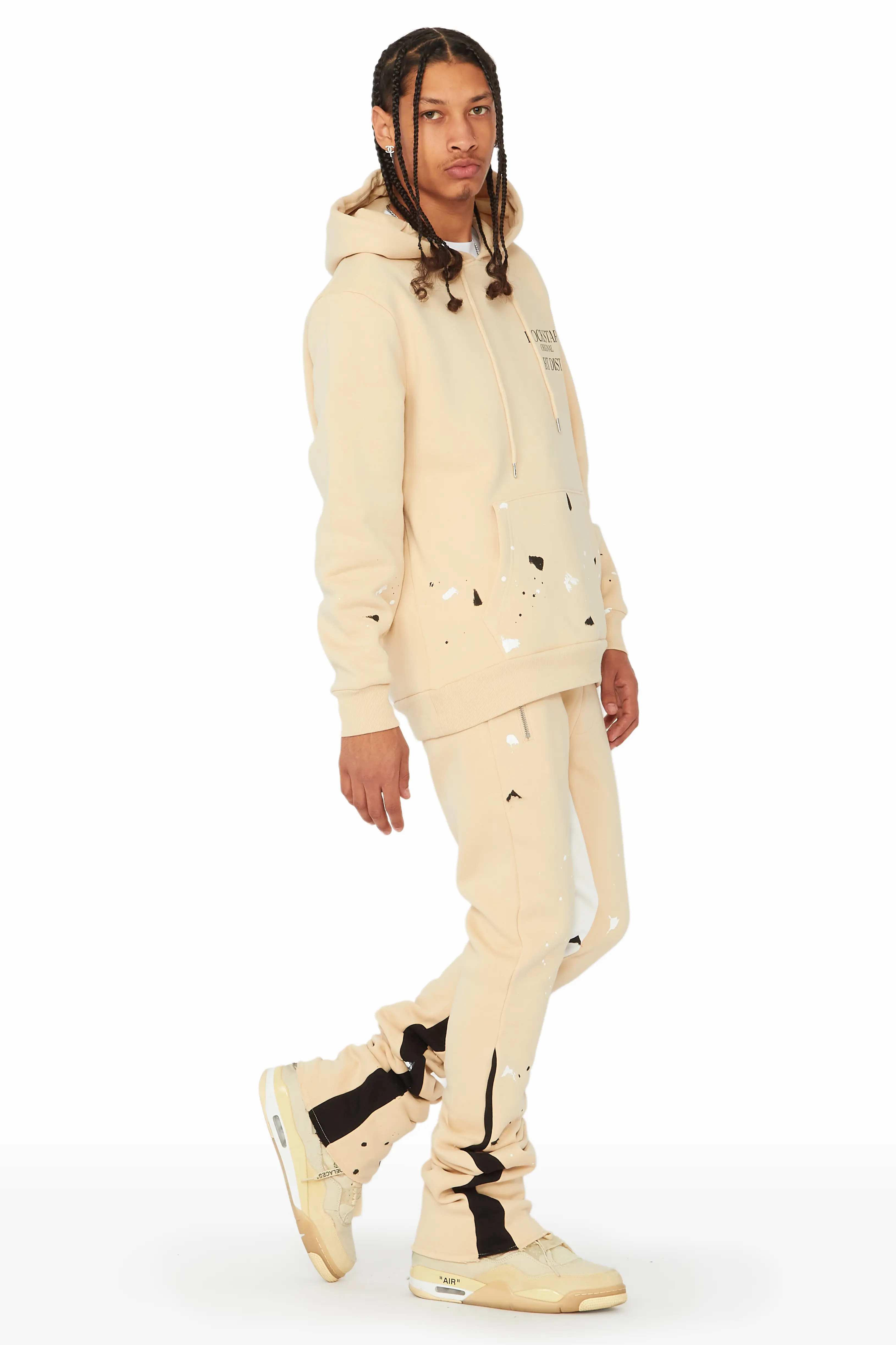 Jaco Beige Hoodie Stacked Flare Pant Track Set - Image 3