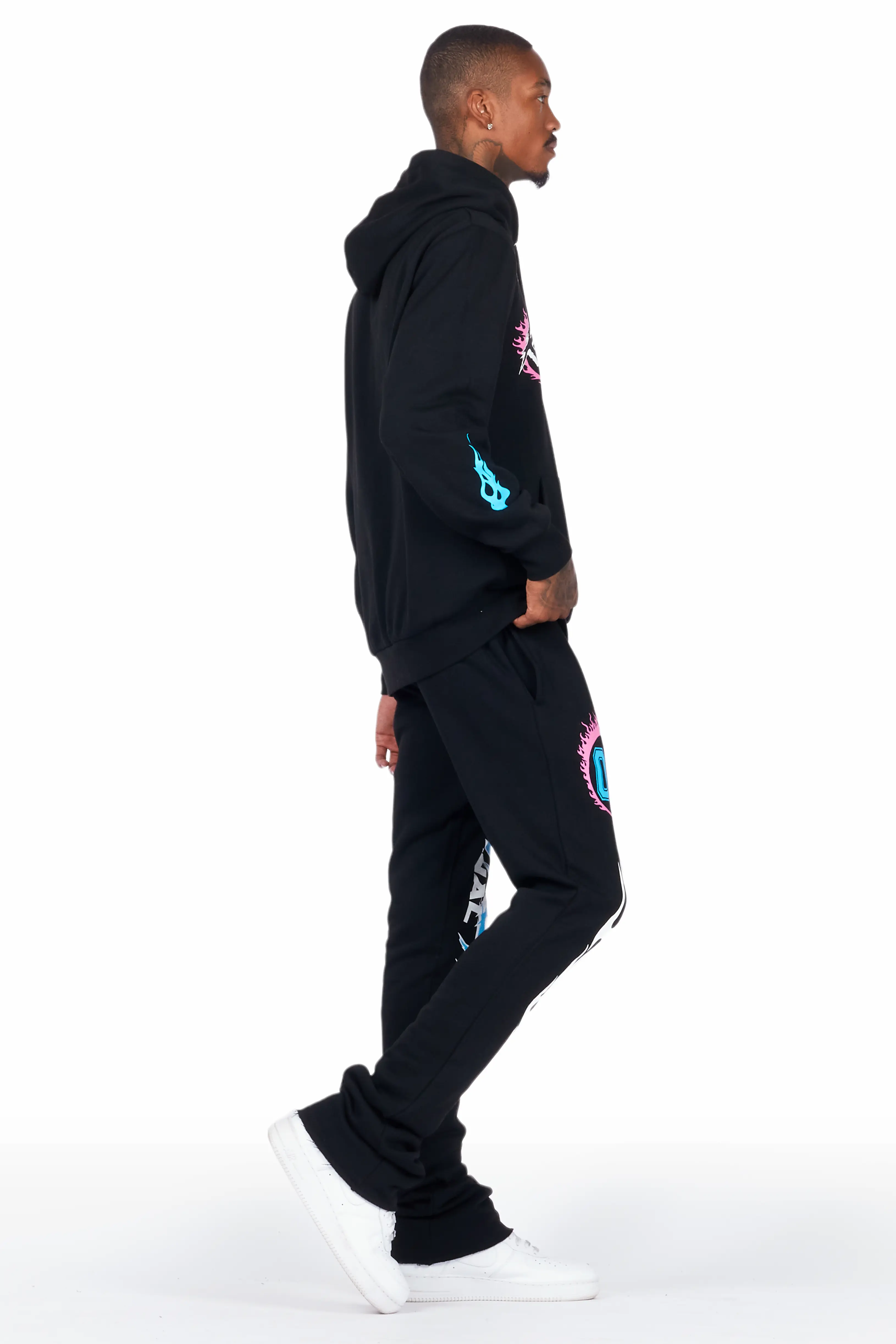 Draven Black Hoodie/Stacked Flare Track Pant Set - Image 3